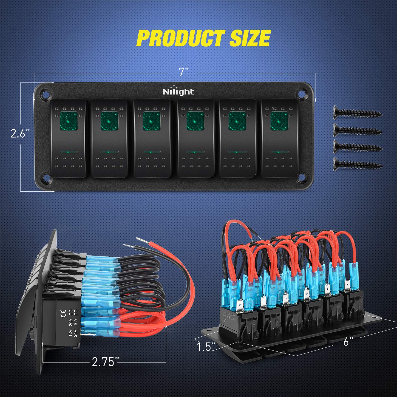 Nilight 6 Gang Rocker Switch Panel 5Pin On Off Toggle Switch Aluminum Holder 12V 24V Dash Pre-Wired Green Backlit Switches For A