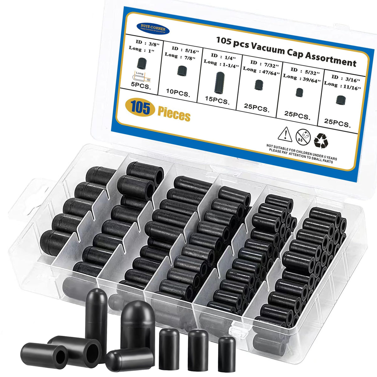 Busy-Corner 105 Pieces Vacuum Cap Assortment Kit, Dropper Id 3/8'' 5/16'' 1/4'' 7/32'' 5/32'' 3/16'', Hose Caps Kit For Car Carburetor Manifold