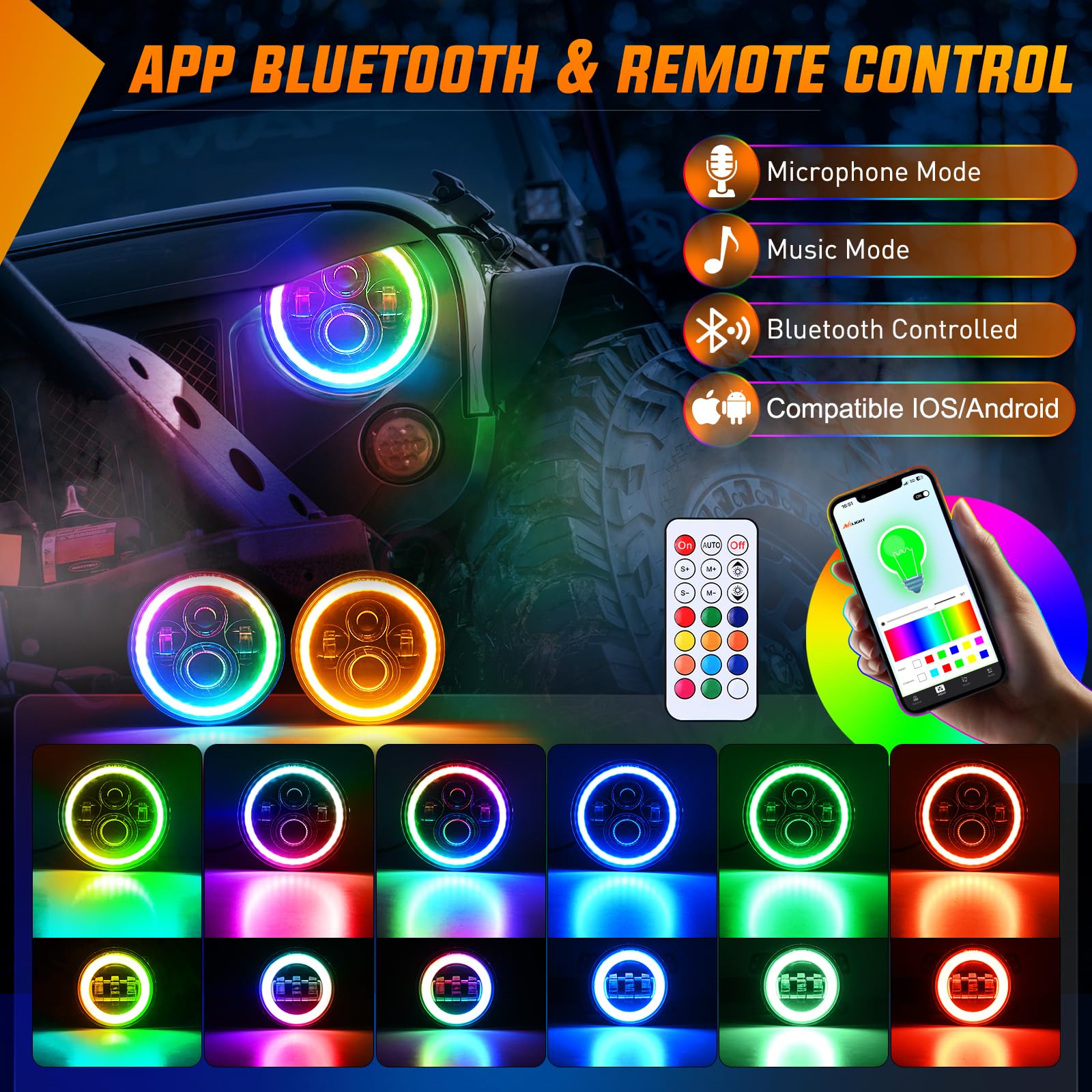 Nilight 7 Inch Rgb Led Headlight W/Turn Signal Amber Light App Remote Control High Low Beam 7    Led Headlight Compatible With 2