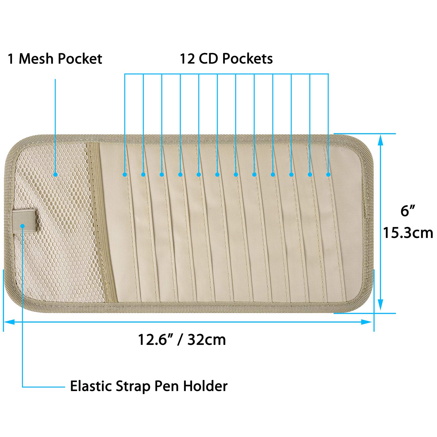 Car Cd Case Holder, Wisdompro Vehicle Sun Visor Organizer For Cars With 12 Dvd Storage Sleeves, 1 Mesh Pocket, 1 Pen Holder And