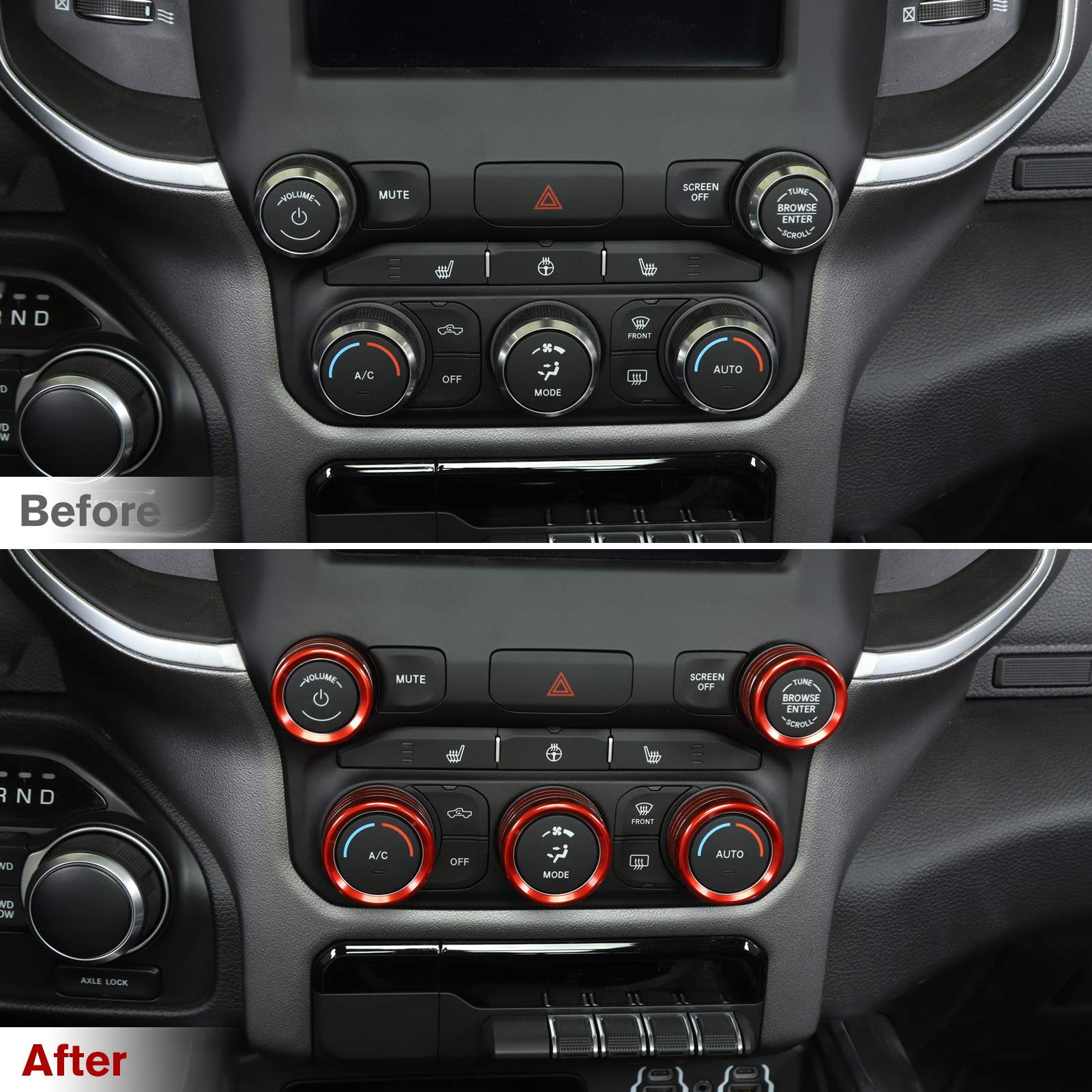 Voodonala for Dodge RAM Aluminum Center Console AC Radio Headlight Dashboard CD Switch Climate Control HVAC Knob Cover for 2018-