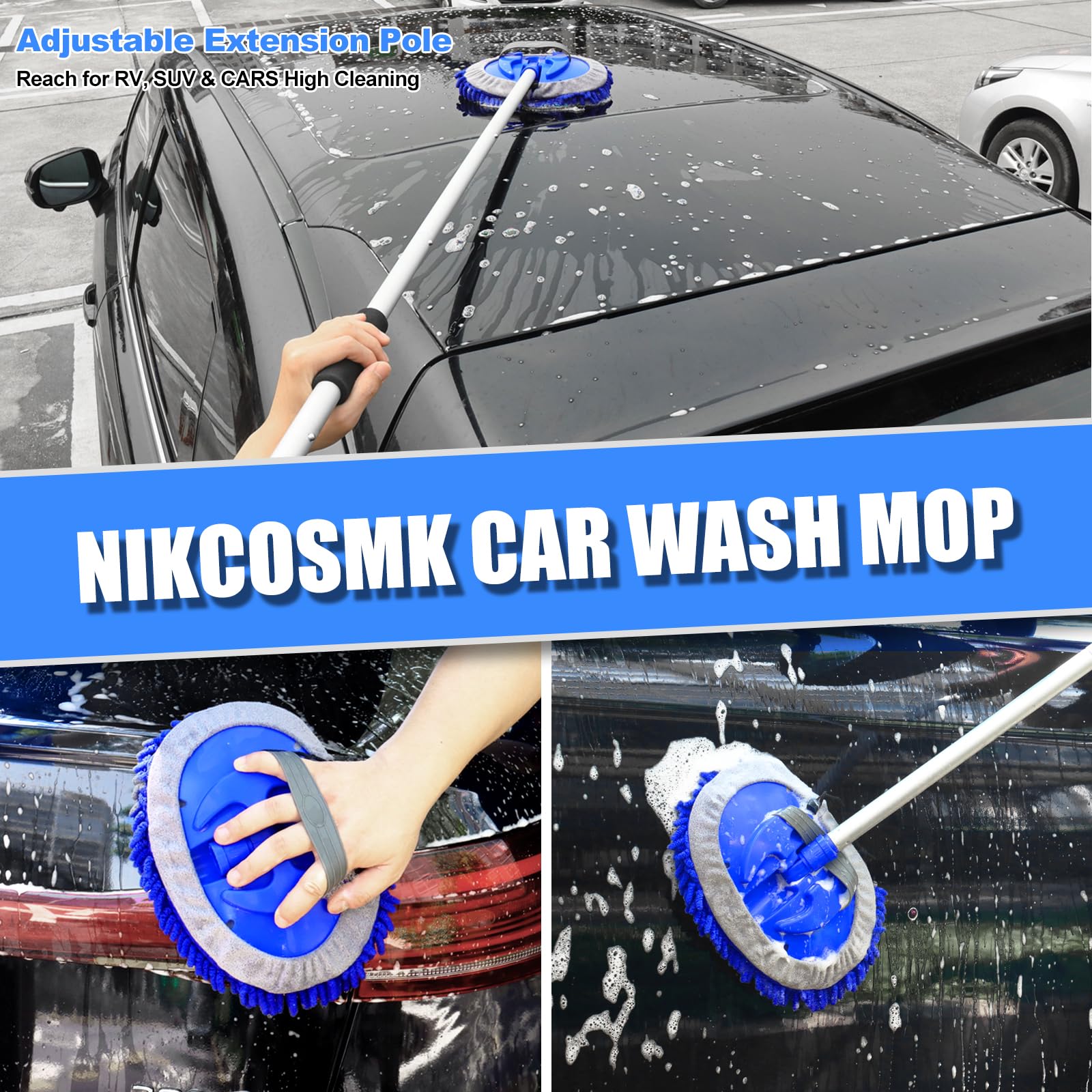 Nikcosmk 62'' Car Wash Brush With Long Handle, Car Wash Kit With Tire Brush, Tower, Window Squeegee, Chenille Microfiber Car Was
