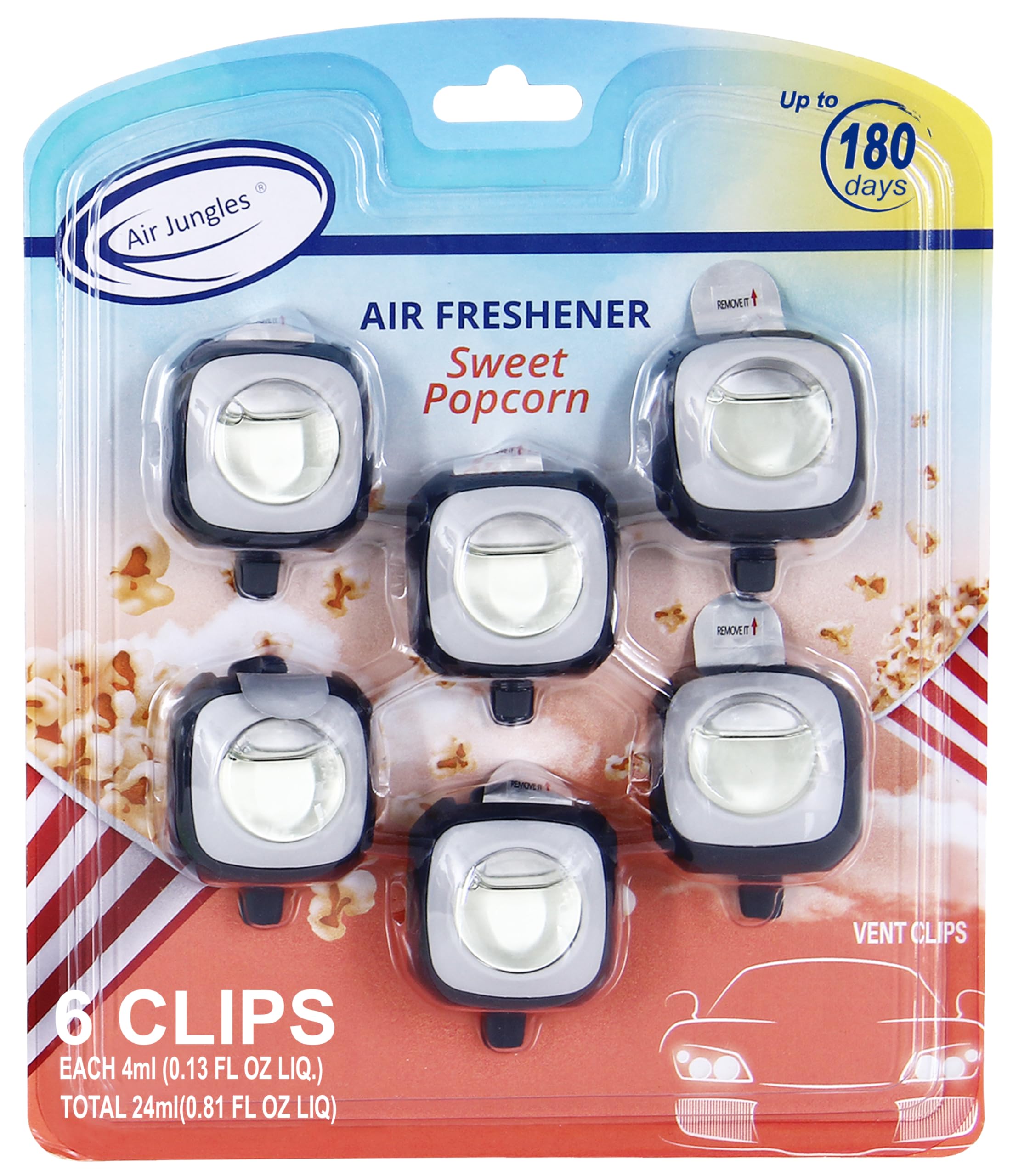 Air Jungles Sweet Popcorn Scent Car Air Freshener Clip, 6 Vent Clips, 4Ml Each, Long Lasting Air Freshener, Up To 180 Days Car R