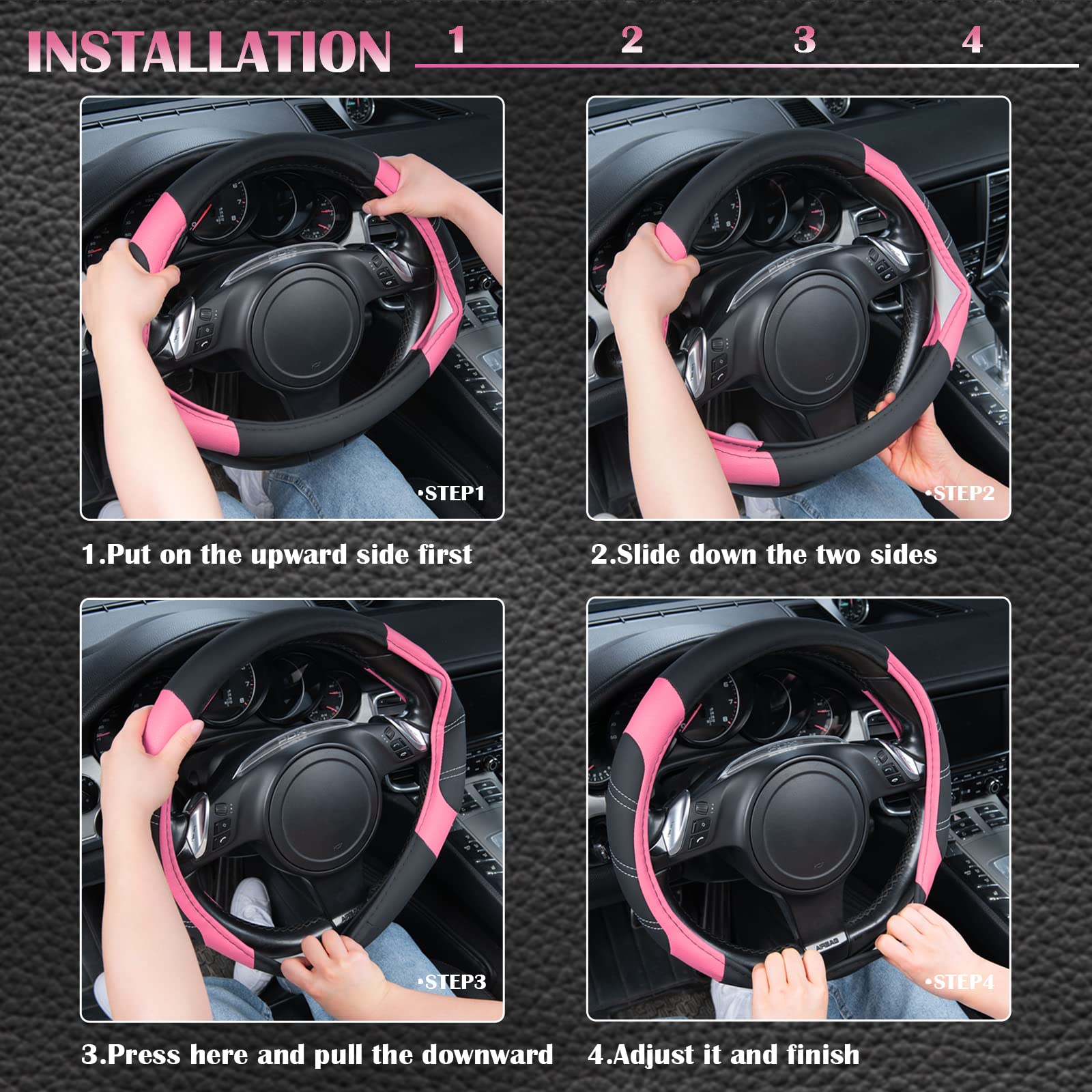 Car Pass Line Rider Microfiber 14 Inch Leather Sporty Steering Wheel Cover Universal Fits For 95% Truck,Suv,Cars, Anti-Slip Safe