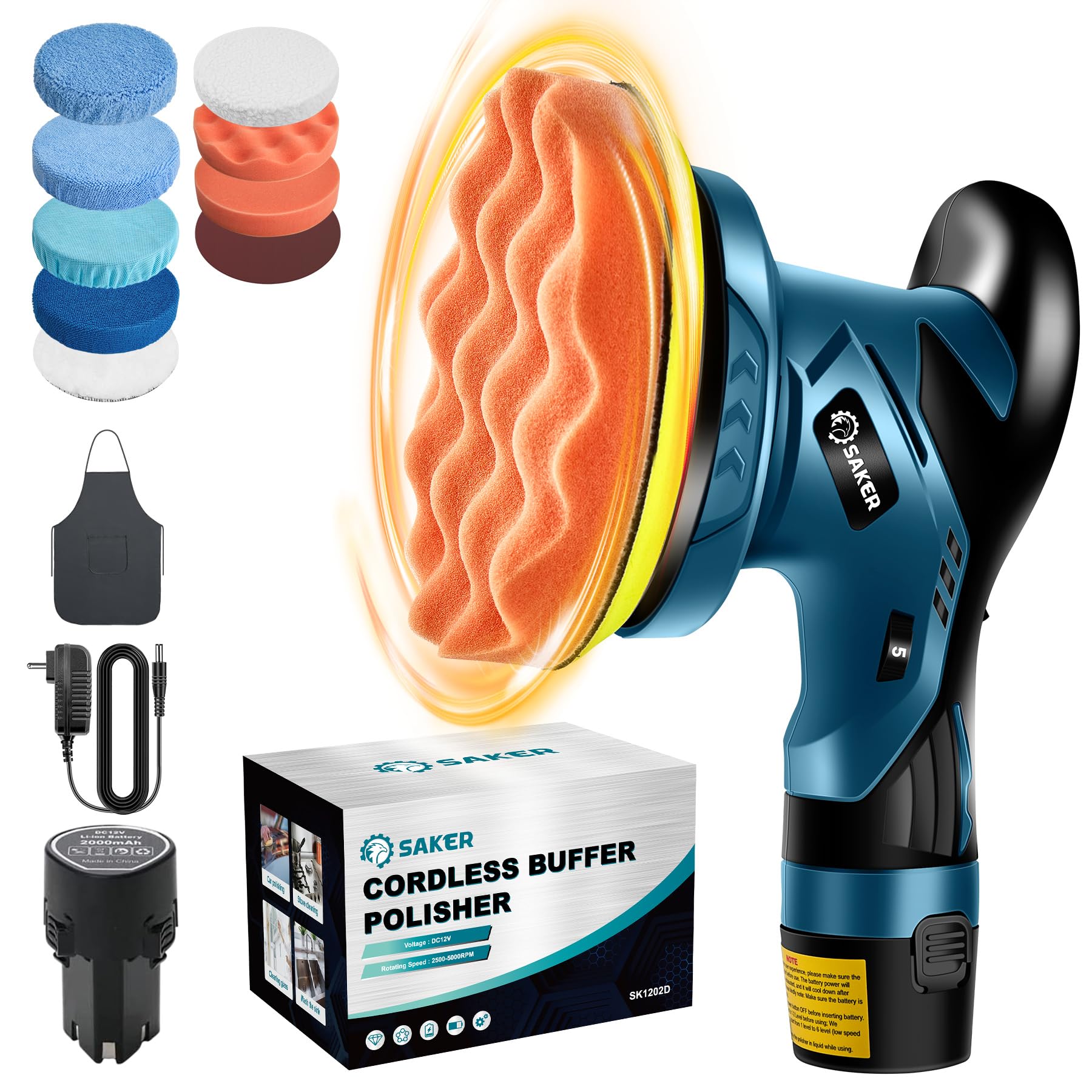 Saker Mini Cordless Buffer Polisher - 6 Inch Portable Polishing Machine Kit for Car Detailing, with 1PC 12V 2000mAh Rechargeable