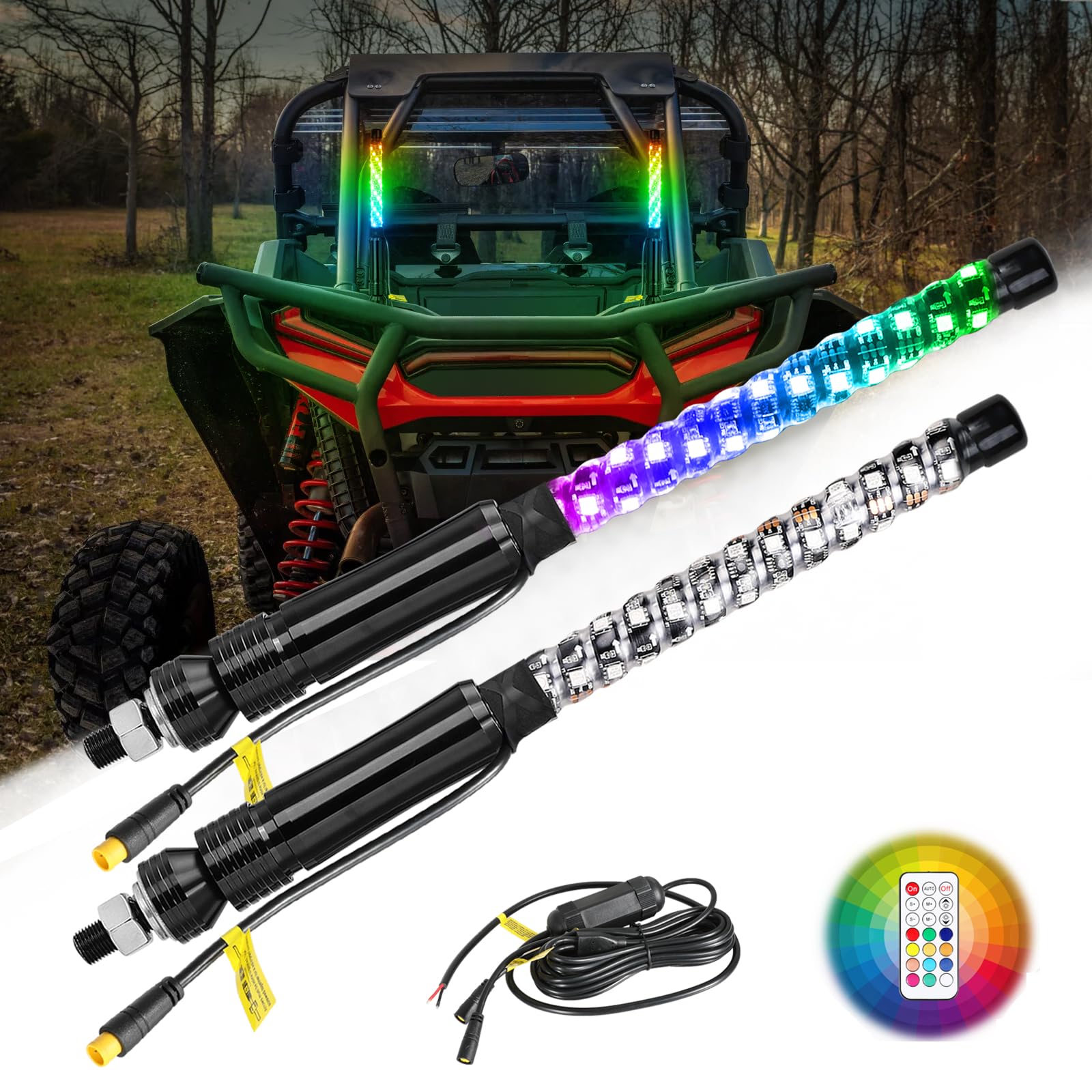 Nirider 2Pcs 1Ft Led Whip Lights With Flag Pole Remote Control Spiral Rgb Chase Light Offroad Warning Lighted Antenna Led Whips