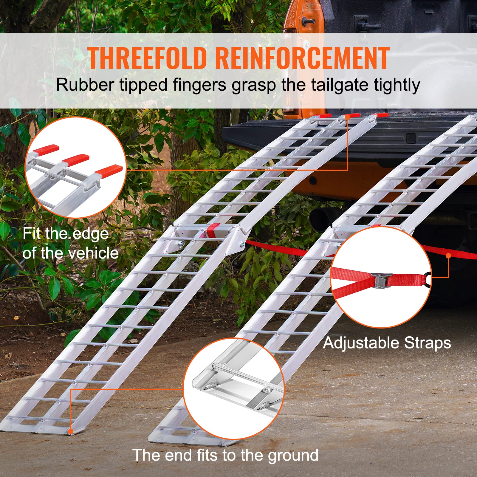 Vevor 7.5Ft Aluminum Ramps, 1500 Lbs Folding Loading Ramps (2 Pcs Set) For Pickup Trucks Bed, Trailers Ramp With Load Straps For Dirt Bike, Utv, Atv, Trucks, Lawn Mowers, Cargo Trailer, 89' L X 12' W