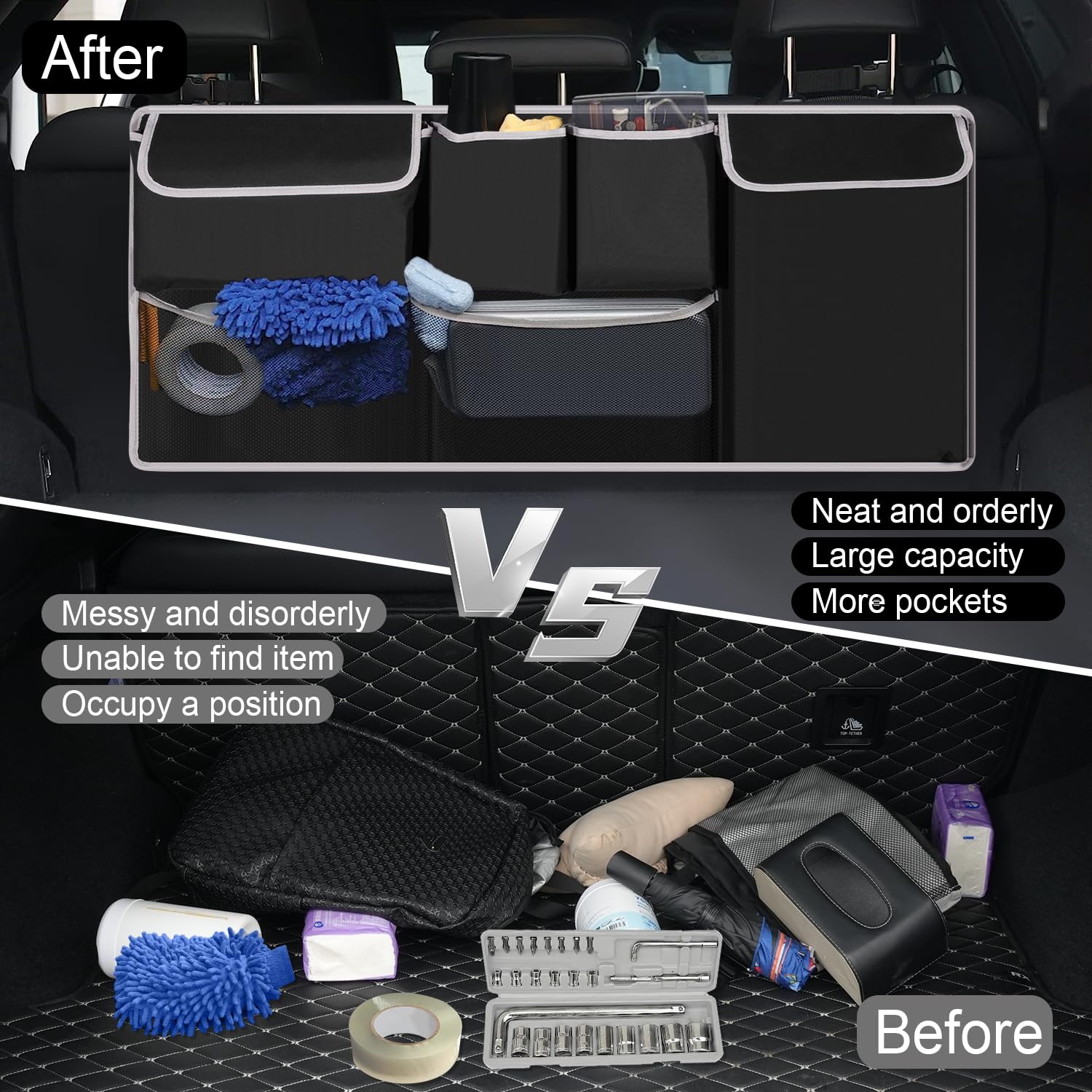 Uyye Trunk Hanging Organizer,Backseat Bag, Car Interior Accessories With 4 Pockets & 2 Mesh Pouches For Groceries, Will Provides