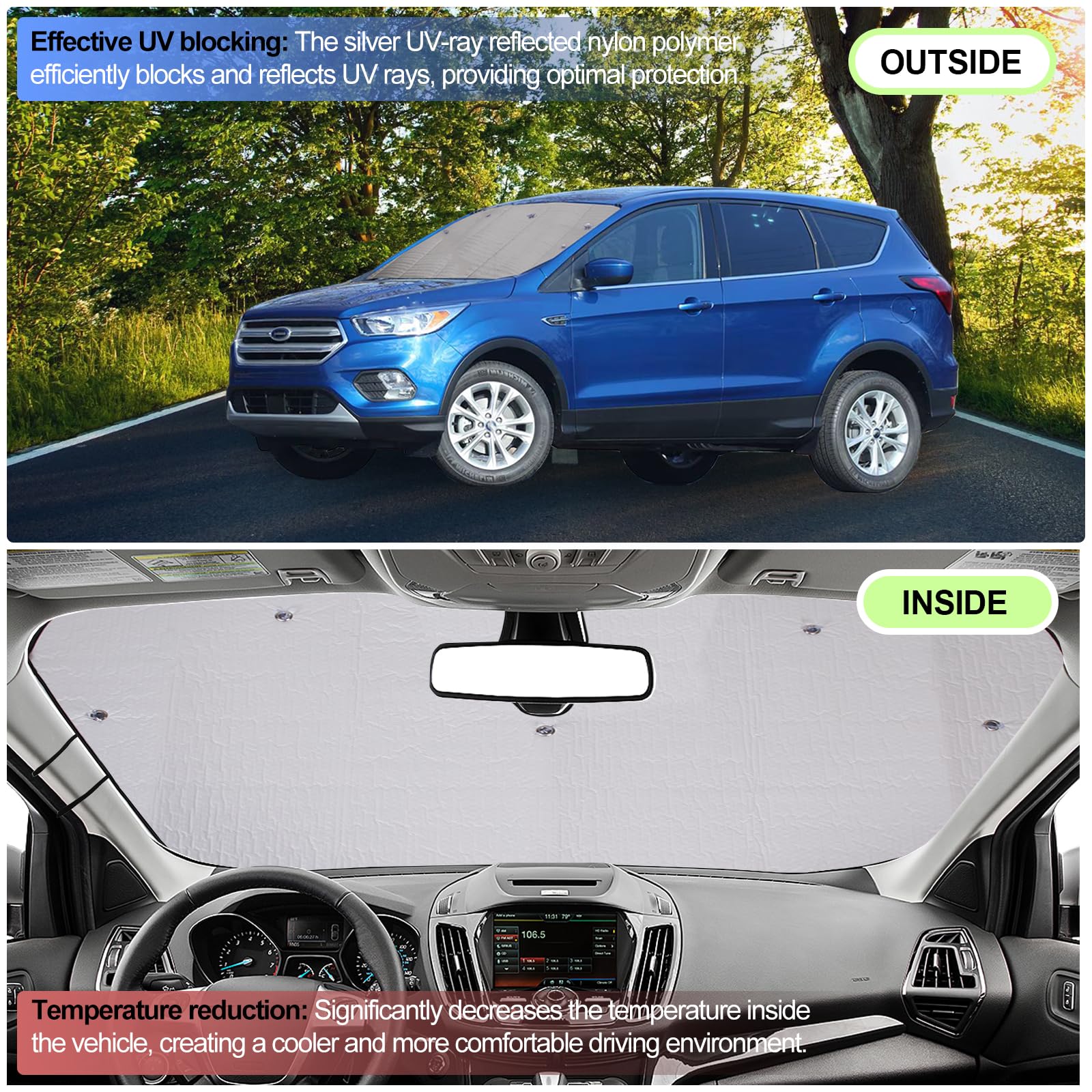 Front Windshield Sunshade For Ford Escape 2013-2019 Suv (Not Fit Titanium), Front Window Sun Shade, Foldable Reflective Sun Visor, Screen Shield Cover Uv Blocker Protector Heatshield With Suction Cups