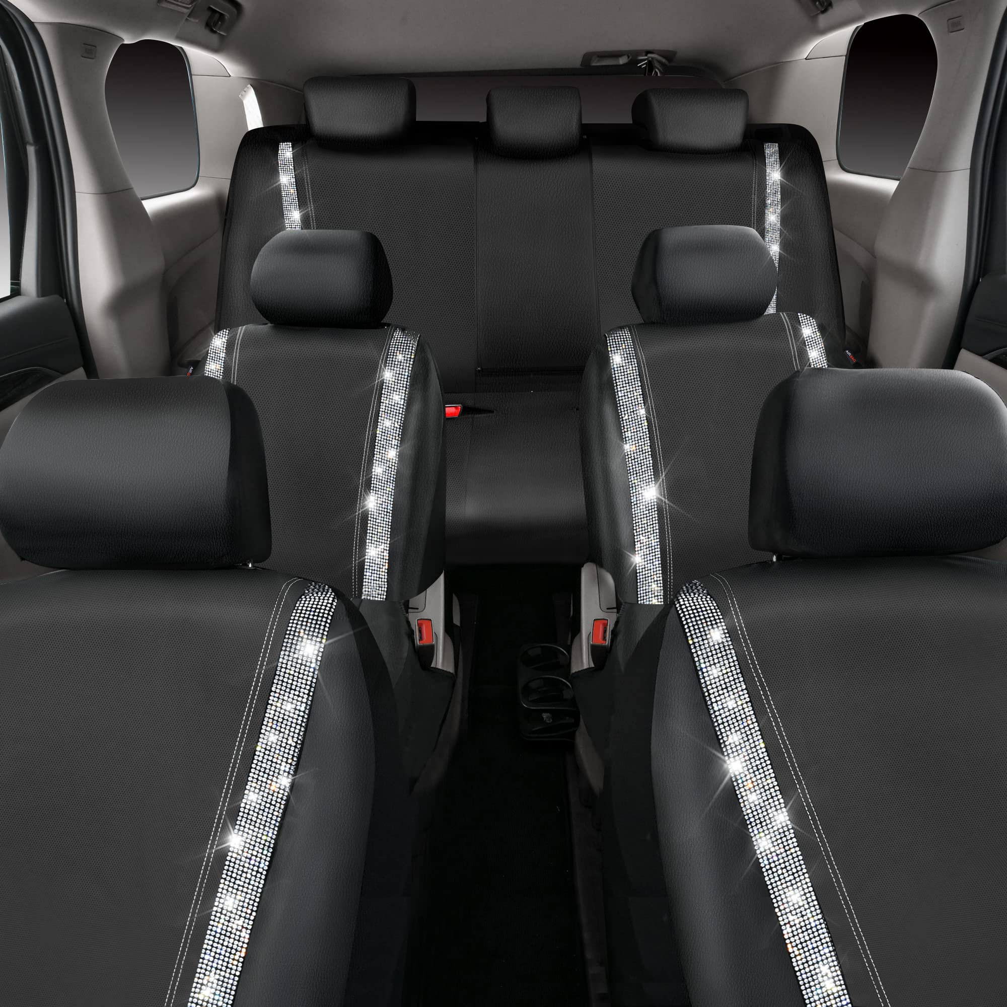 CAR PASS Bling Car Seat Covers, Shining Rhinestones Diamond Waterproof Faux Leather, 7 Seats 3 Rows with Zipper Glitter Crystal