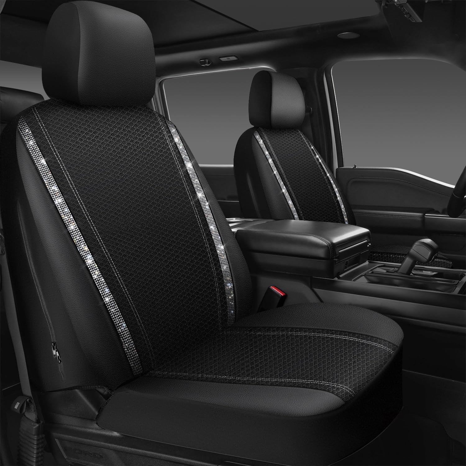 Car Pass Mesh Bling Diamond Car Seat Cover 2 Front Interior Sets Lined Sponge, Breathable Universal Shining Glitter Sparkly Crys