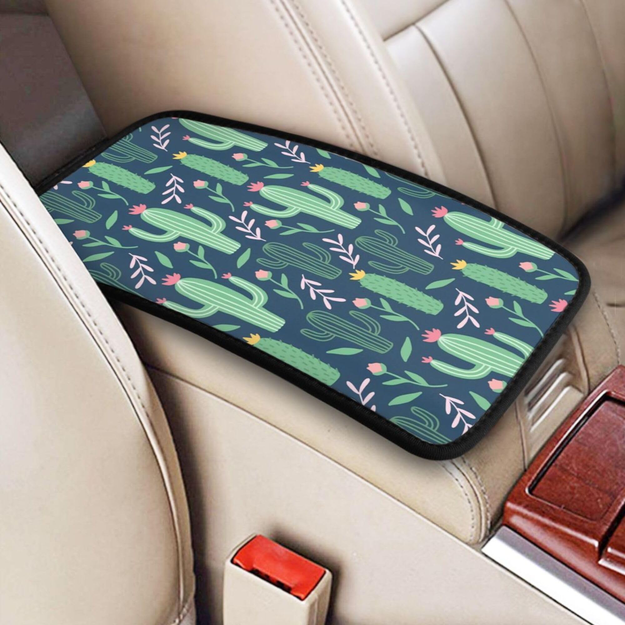 THOEWONG Universal Car Center Console Cover, Cactus Flowers Soft Car Armrest Cushion, Arm Rest Covering Car, Middle Console Cove