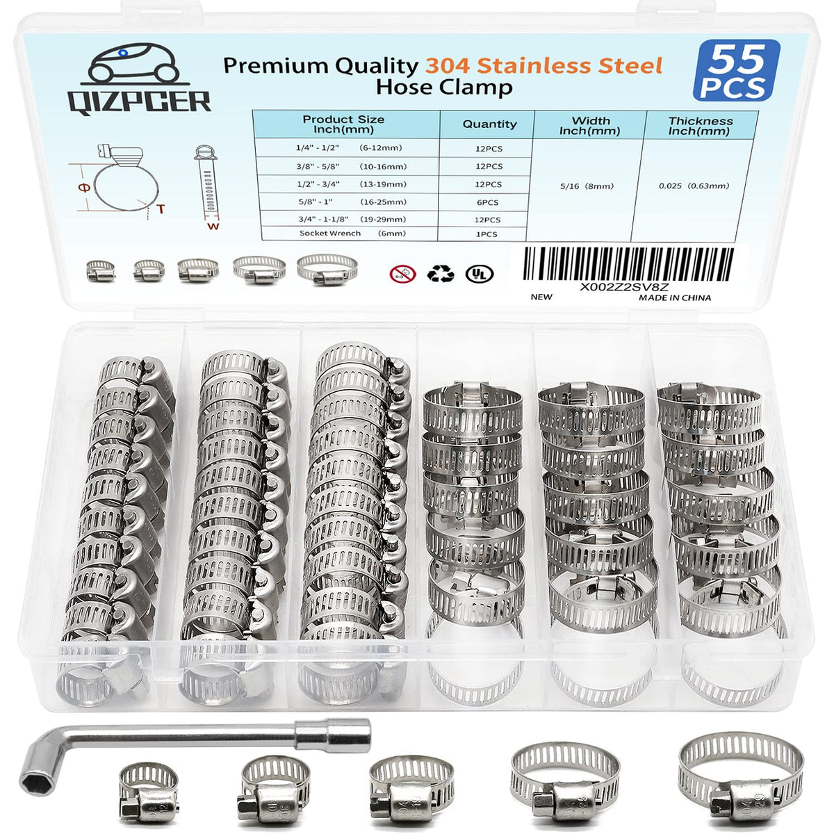 55 Pack Stainless Steel Hose Clamps Assortment Kit, 1/4 Inch To 1-1/8 Inch Worm Gear Metal Hose Clamps For Pipe, Dryer Repair, T