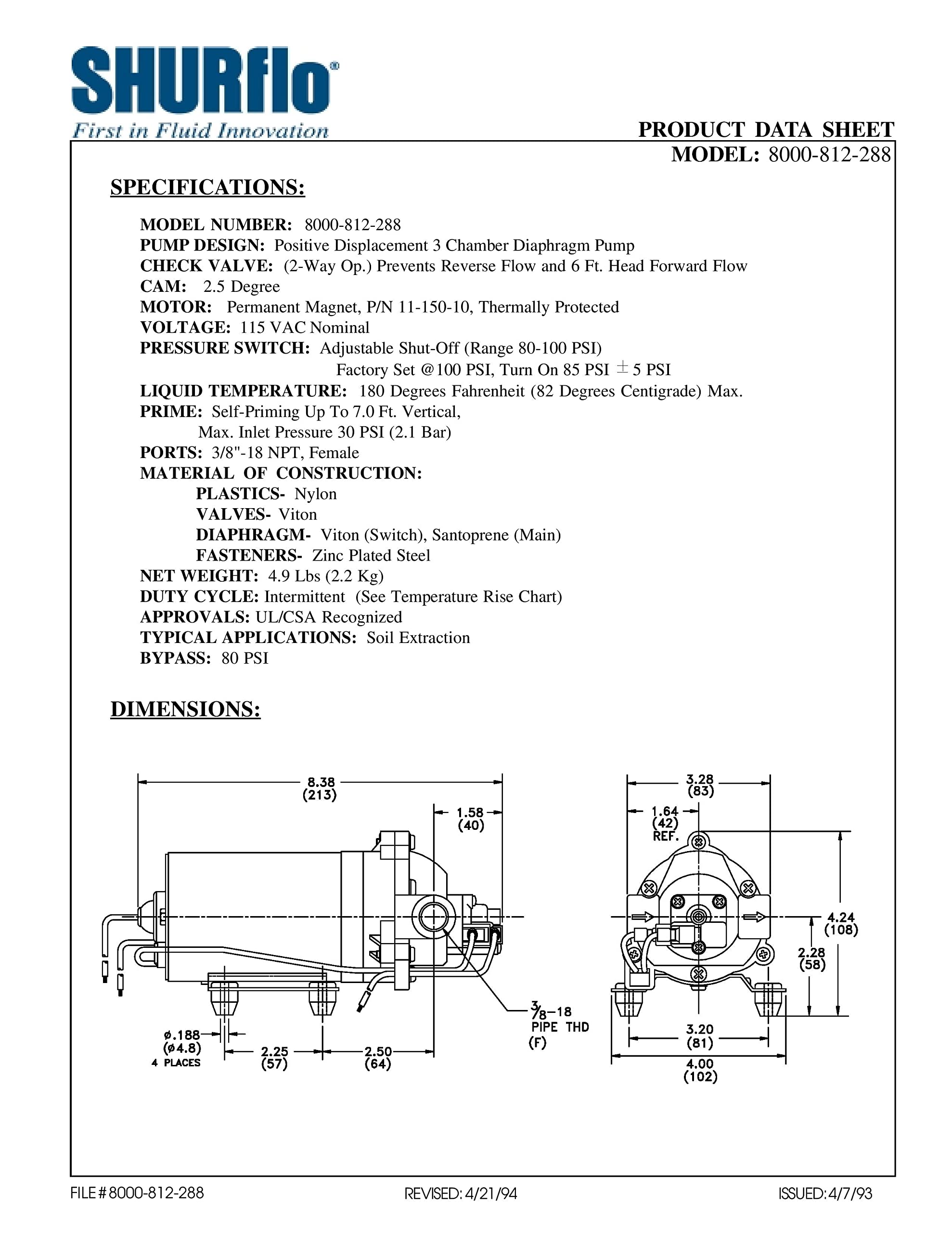 Shurflo 8000-812-288 On Demand Diaphragm Water Pump For Agriculture Spraying And Fluid Transfer, 115Vac, 1.4Gpm, 100Psi, Chemica
