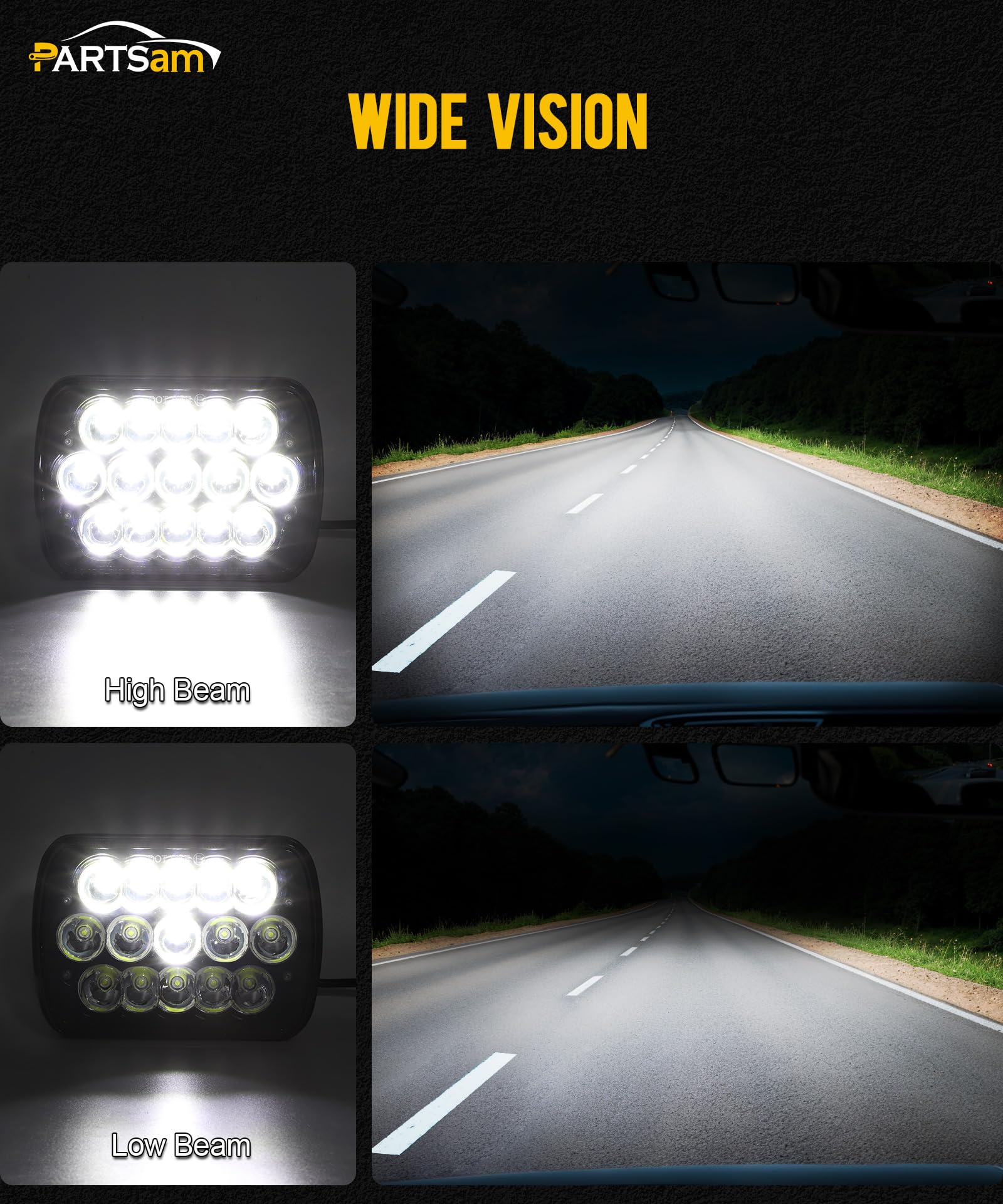 Partsam 2Pcs H6054 Led Headlights 7X6 5X7 Headlamp Anti-Glare Hi/Low Sealed Beam Lights Compatible With Cherokee Xj Wrangler Yj