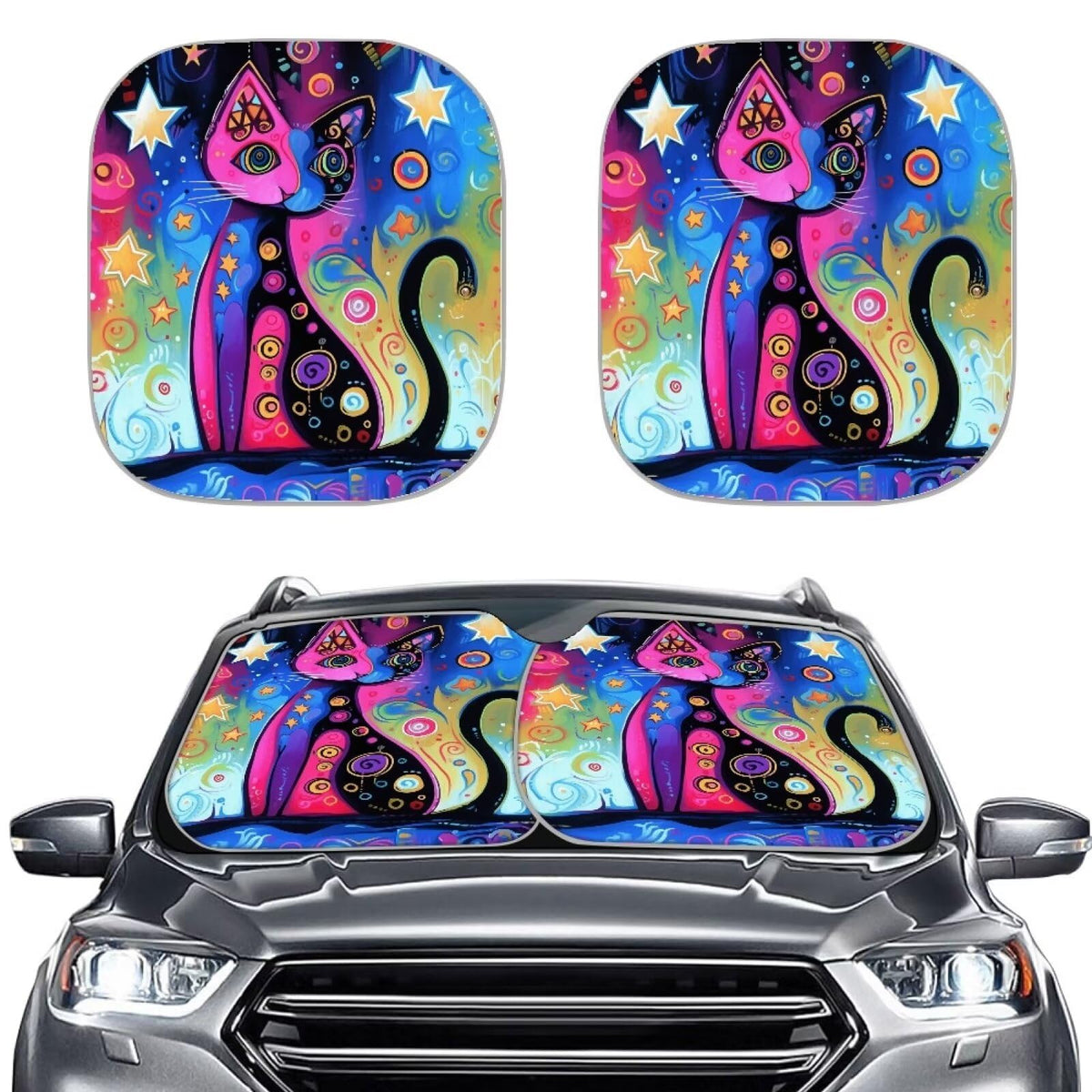 Huisefor Cat Windshield Shade Covers Car Window Shades Front Windshield Hippie Style Window Covers Foldable 2 Piece Sun Blocking