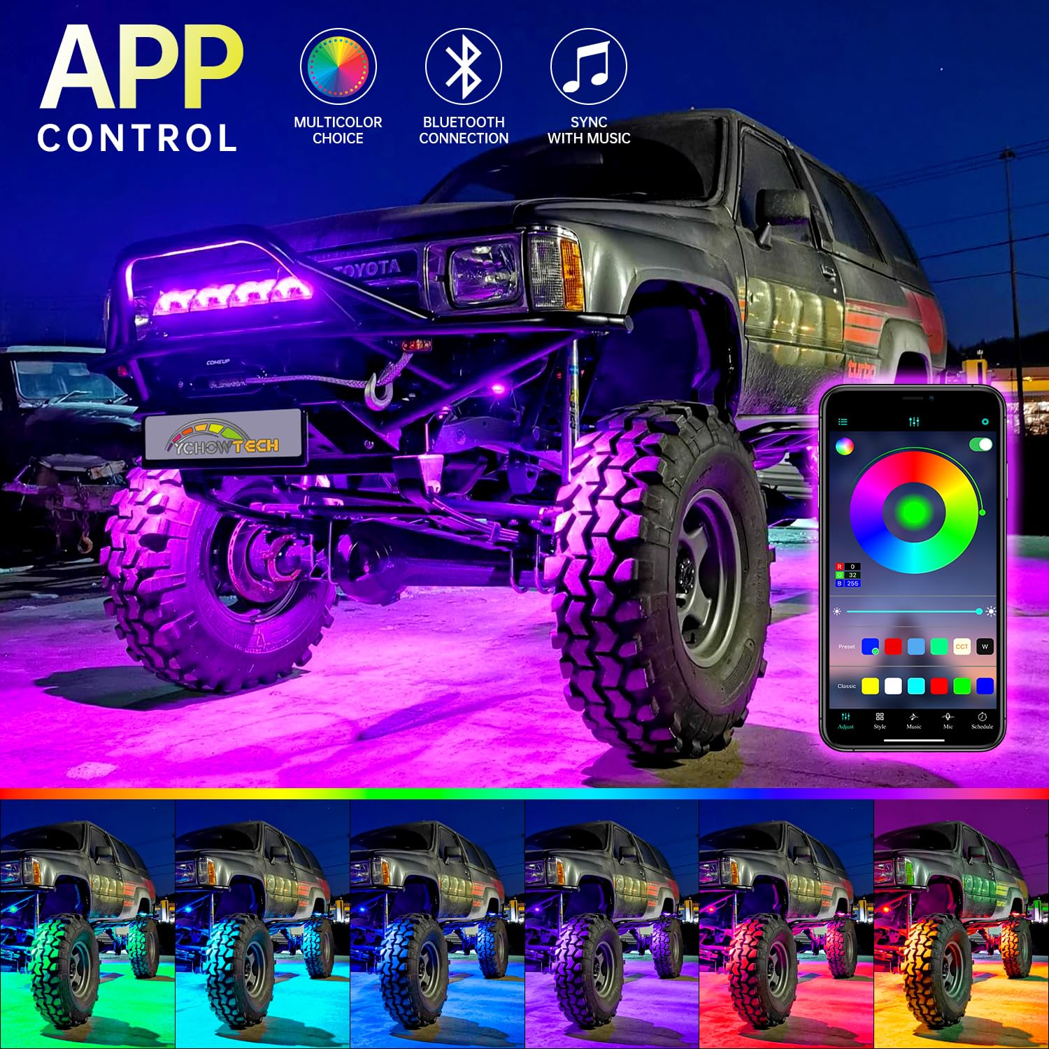 Ychow-Tech Rgb Led Rock Lights, 8 Pods Underglow Multicolor Neon Light Pod With Bluetooth App Control Timing Function, Music Mode Wheel Well Light For Truck Atv Utv Rzr Suv