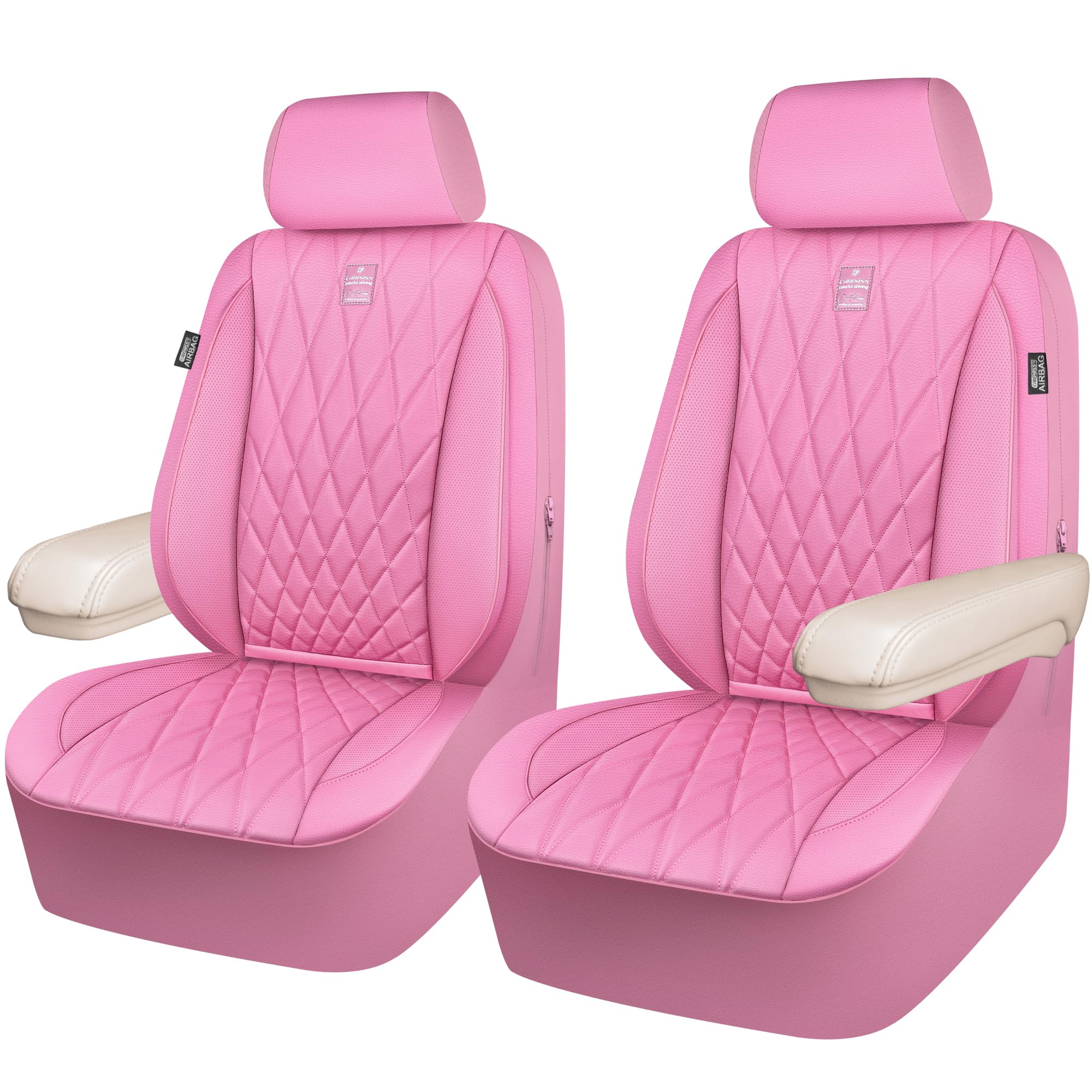 Car Pass Piping Luxury Leather Two Front Car Seat Covers, Cute Girly Waterproof Anti Slip Seat Covers Compatible With Front Seat