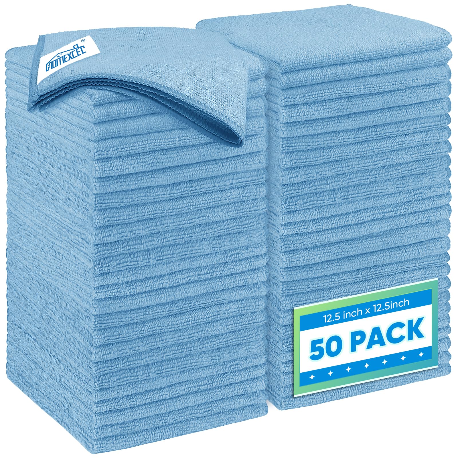 Homexcel Blue Microfiber Cleaning Cloth 50 Pack, 12.5 X 12.5 Inch Microfiber Towels For Cars, Ultra Absorbent Car Washing Cloth,