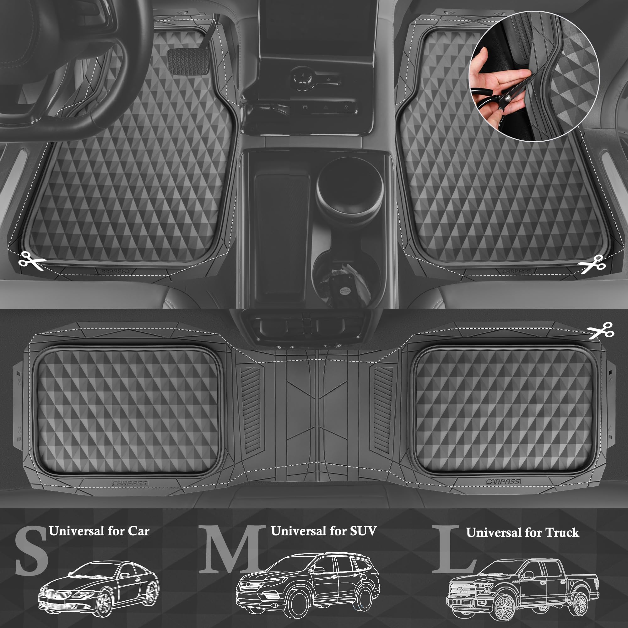 Car Pass Heavy Duty Rubber Gray Car Floor Mats & Cargo Liners, Deep Dish All-Weather Trunk Mats Durable Anti-Slip 3D Rhombus Wat
