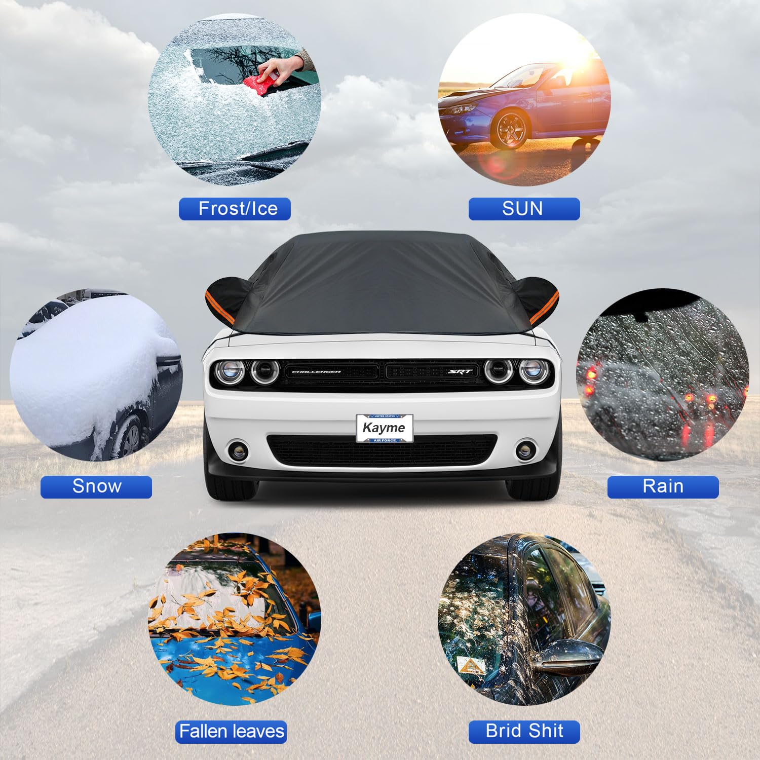 Kayme Half Car Cover, Windshield Cover For Ice And Snow Top With Reflective Straps, Roof Cover Waterproof All Weather Dust, Sun