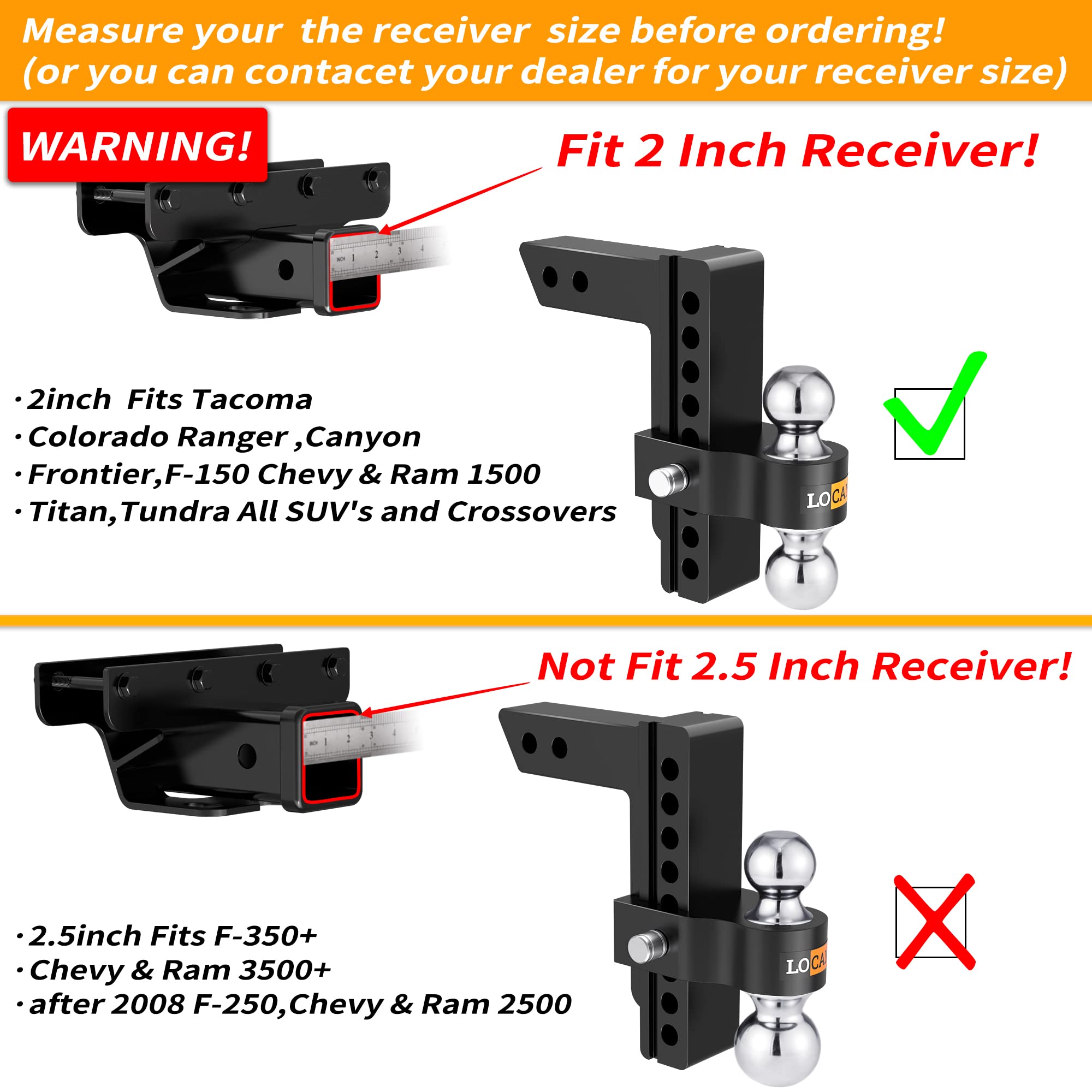 Locame Adjustable Trailer Hitch, Fits 2-Inch Receiver, 8-Inch Drop/Rise Aluminum Drop Hitch,12,500 Lbs Gtw-Tow Hitch For Heavy Duty Truck With Double Stainless Steel Locks, Black, Lc0018