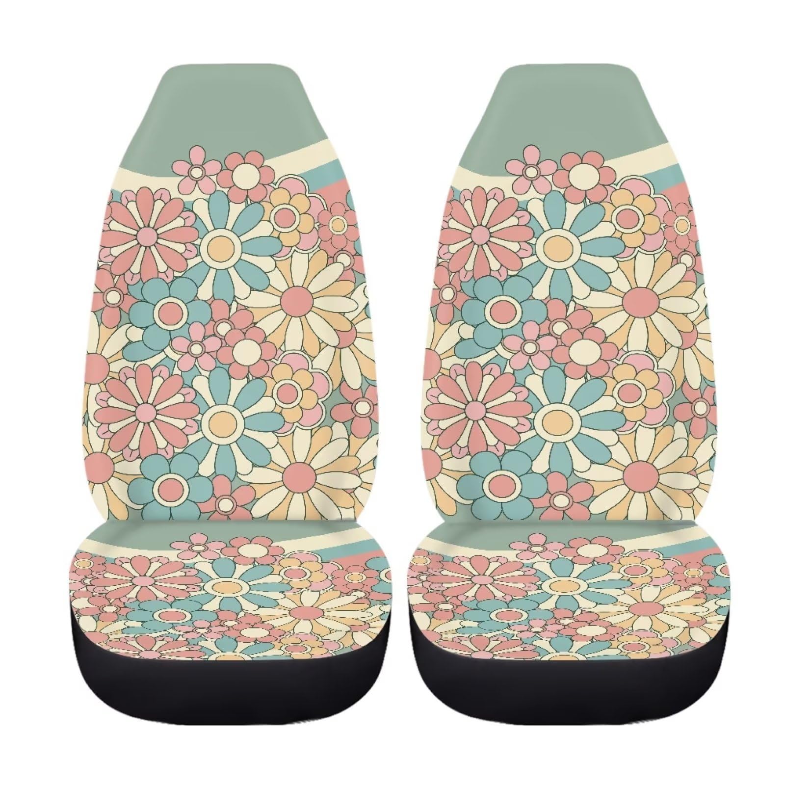 Fuibeng Abstract 70S Groovy Flower Auto Seat Cover Set For Women,Green Swirl Wavy Auto Front Seat Cushion Protective Accessories