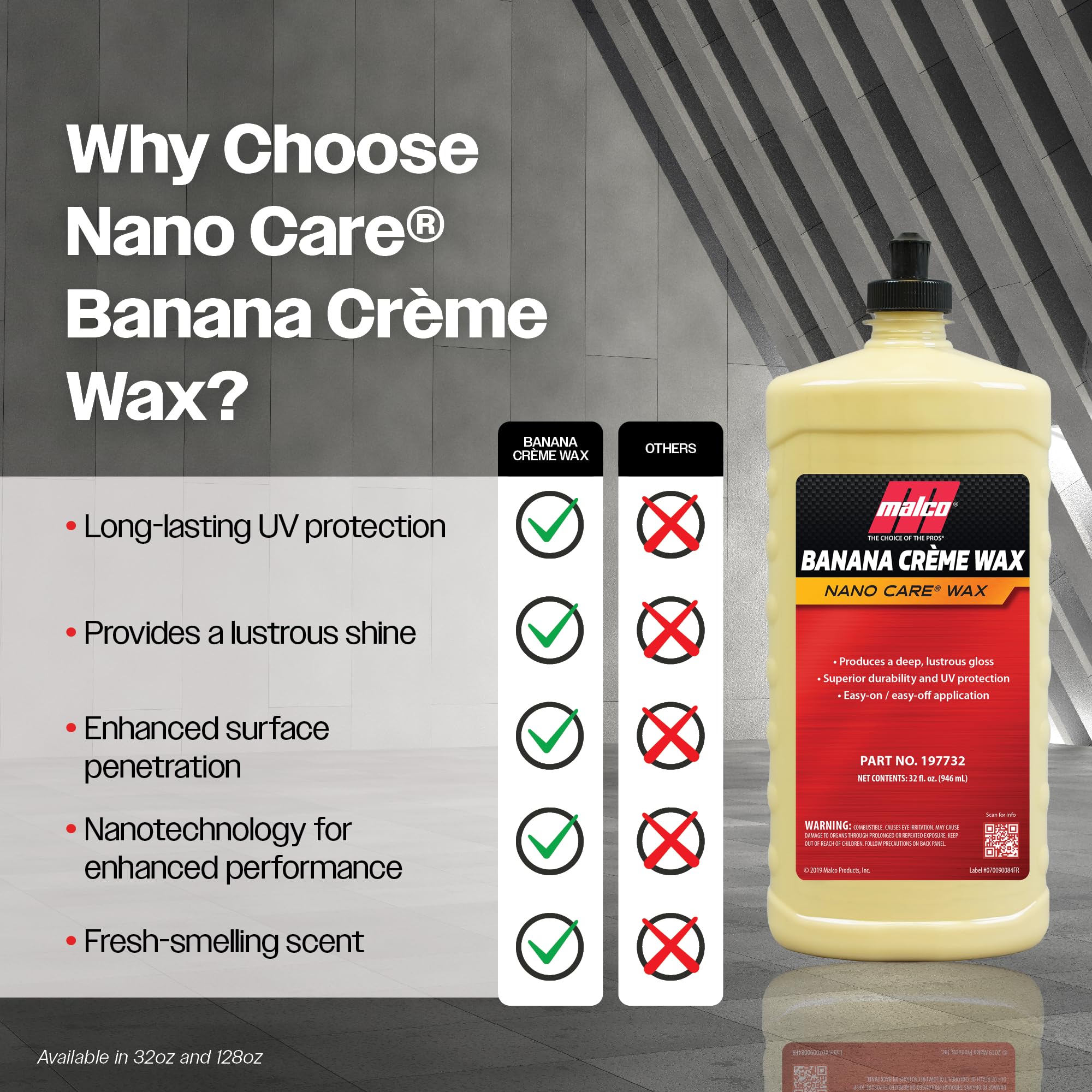 Malco Nano Care Banana Creme Wax - Deep Gloss Shine & UV Protection - 32 oz - Automotive, Marine & Industrial Use