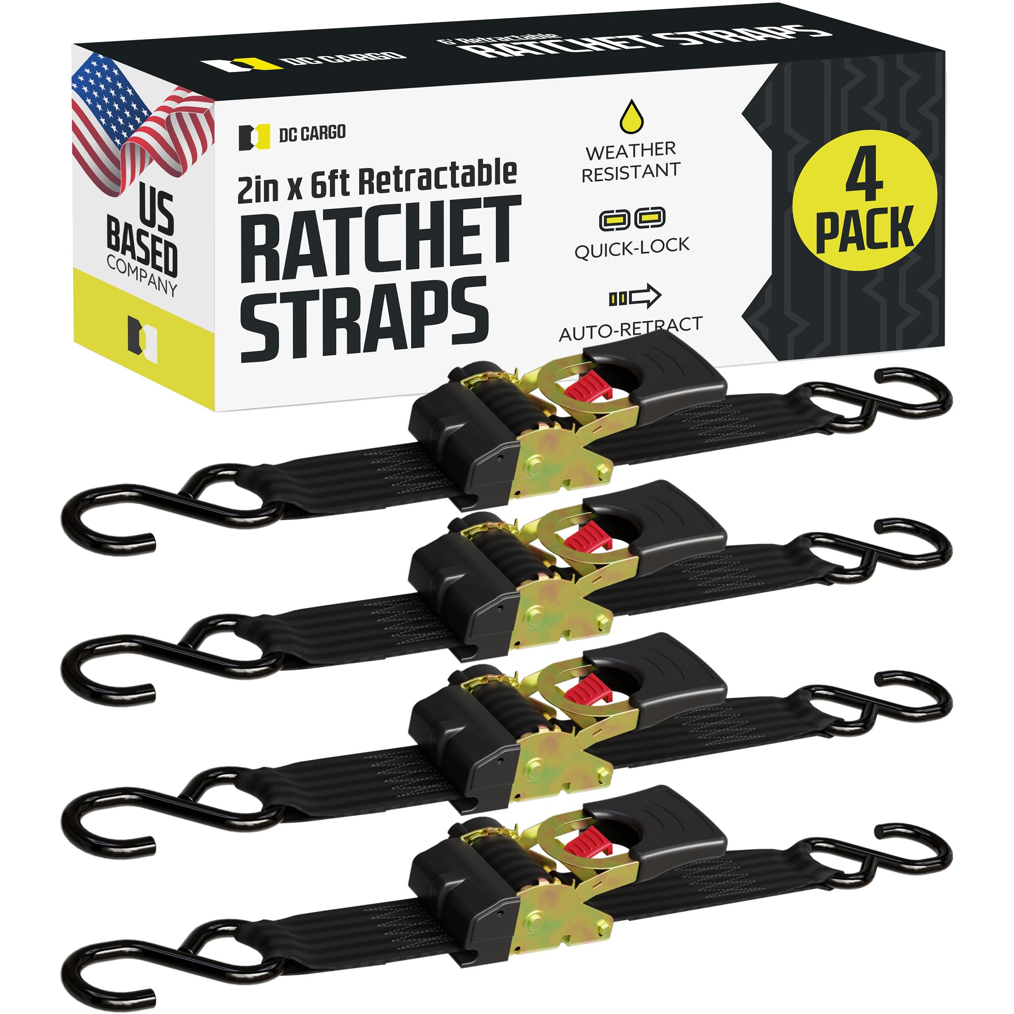 DC Cargo Mall Retractable Ratchet Strap, 4 Pack (2 inch x 6 feet) - Heavy Duty Tie Down Auto Retractable Ratchet Straps - Easy S