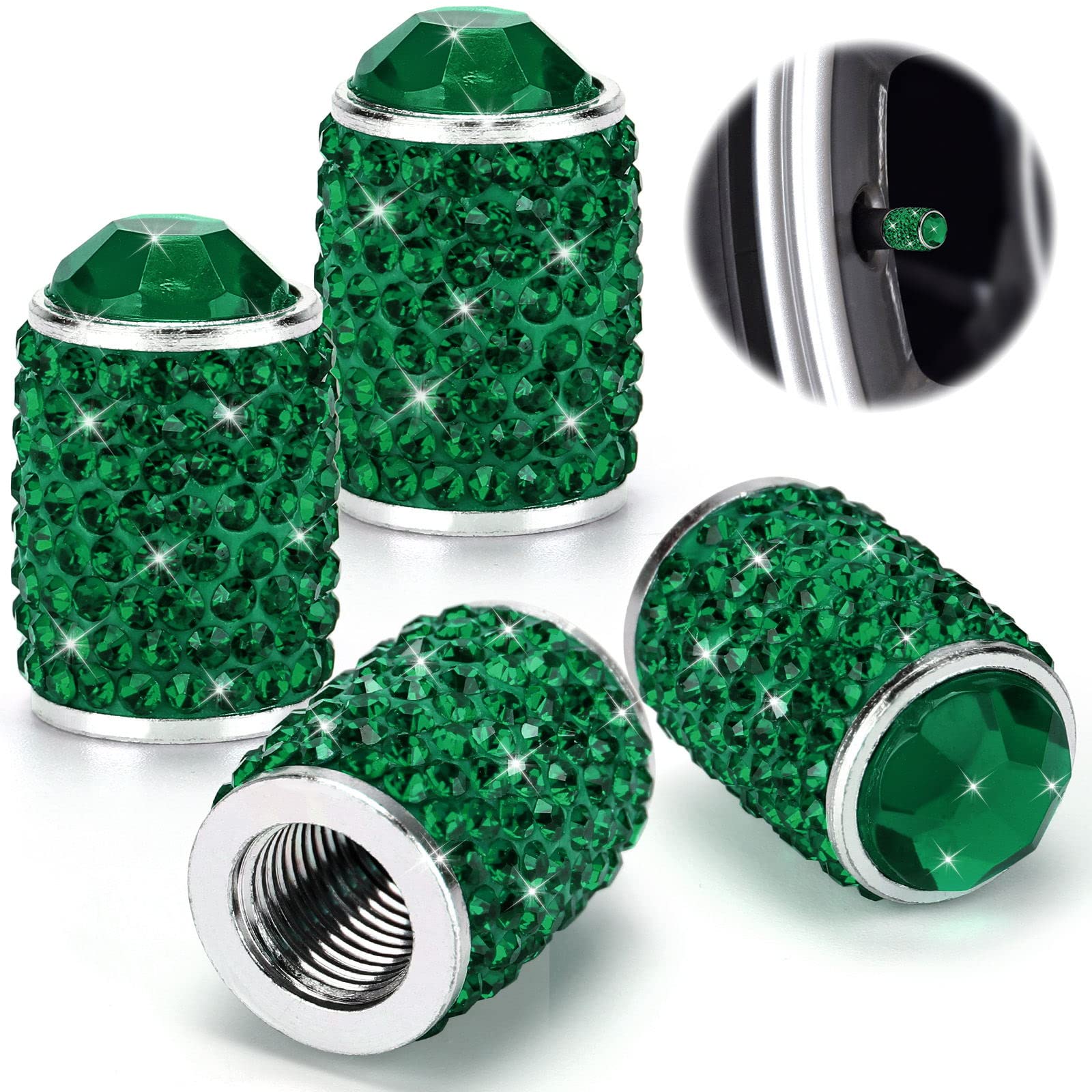 ToBeQueen Green Bling Tire Valve Caps, 4 Pack Handmade Crystal Rhinestone Diamond Tire Caps Universal Dustprood Bling Green Car 