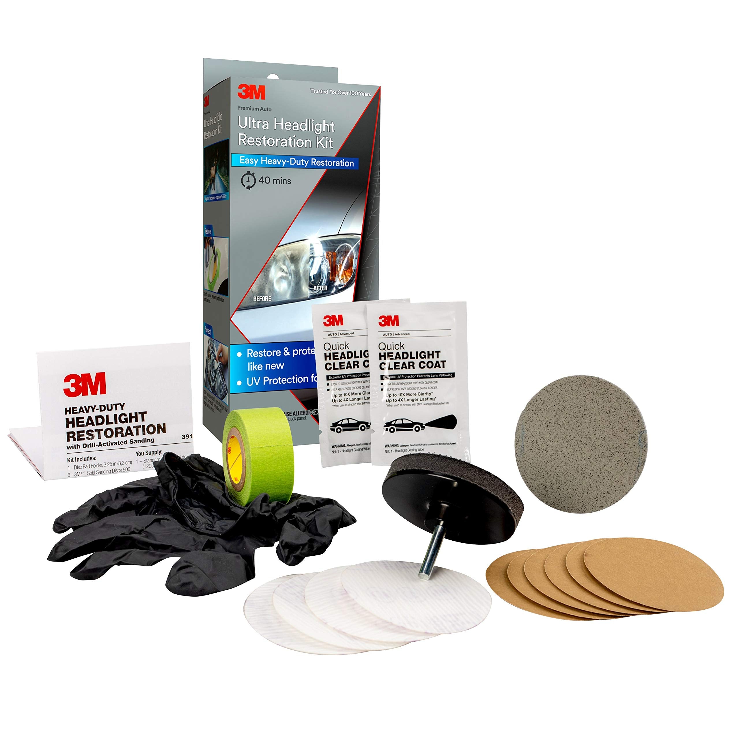 3M Ultra Headlight Restoration Kit, Contains Masking Tape, Light Sanding Discs, Wax Protectant And More, Use On Plastic Lenses H