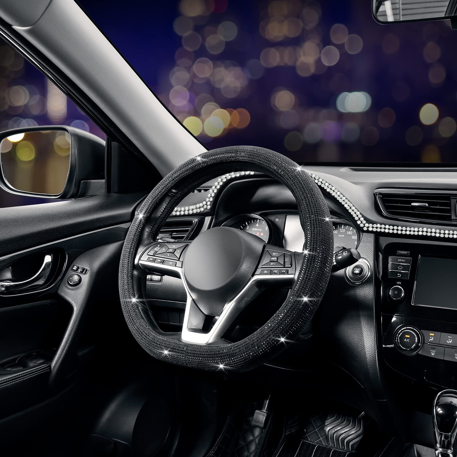 Seg Direct Diamond Flat Bottom Steering Wheel Cover, D Shaped Car Wheel Cover 14 1/2-15 In. (37-39 Cm), Bling Sparkly Rhinestone