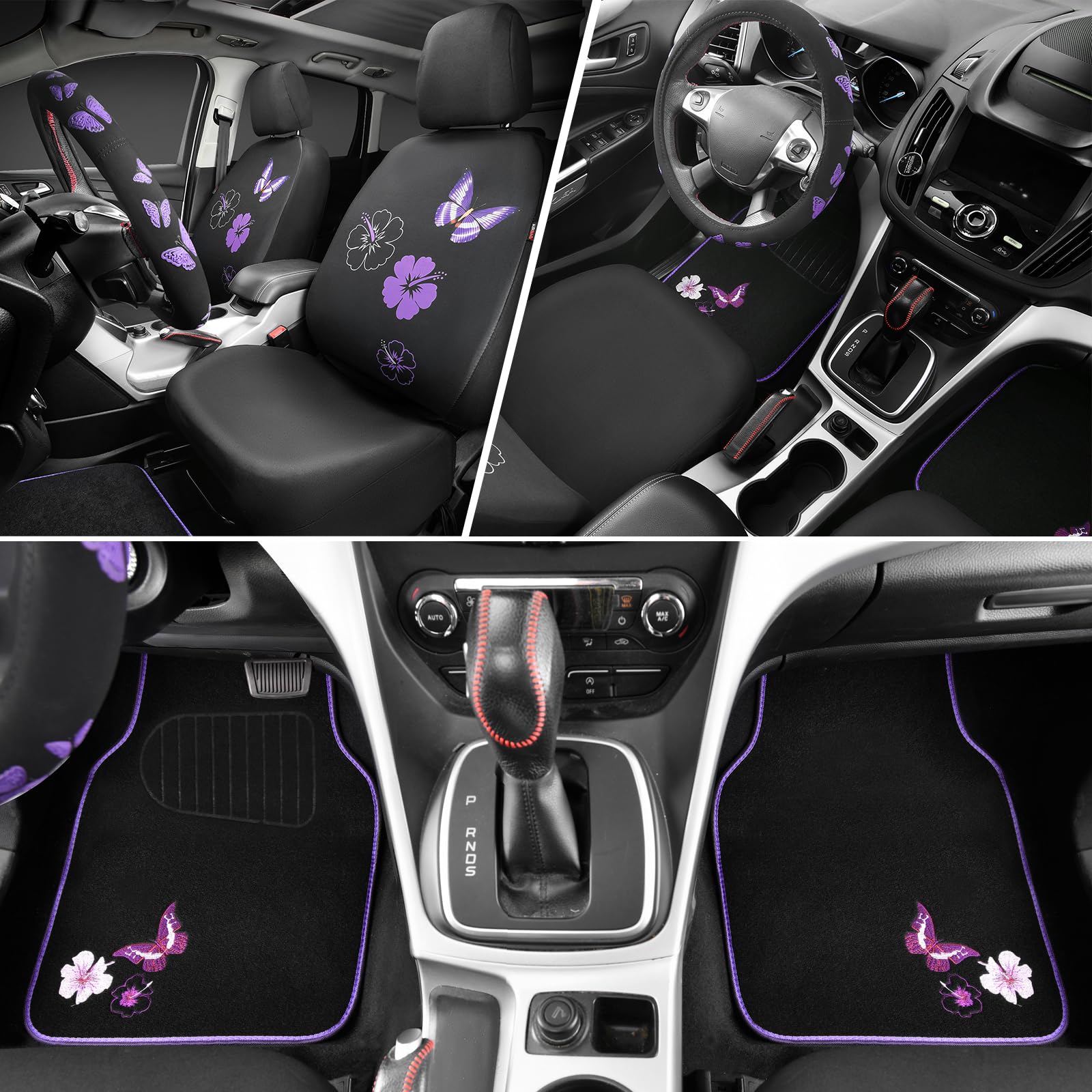 Car Pass Universal Butterfly Car Seat Covers Front Set, Embroidered Flower Waterproof Car Floor Mats Carpet, Butterflies Steerin