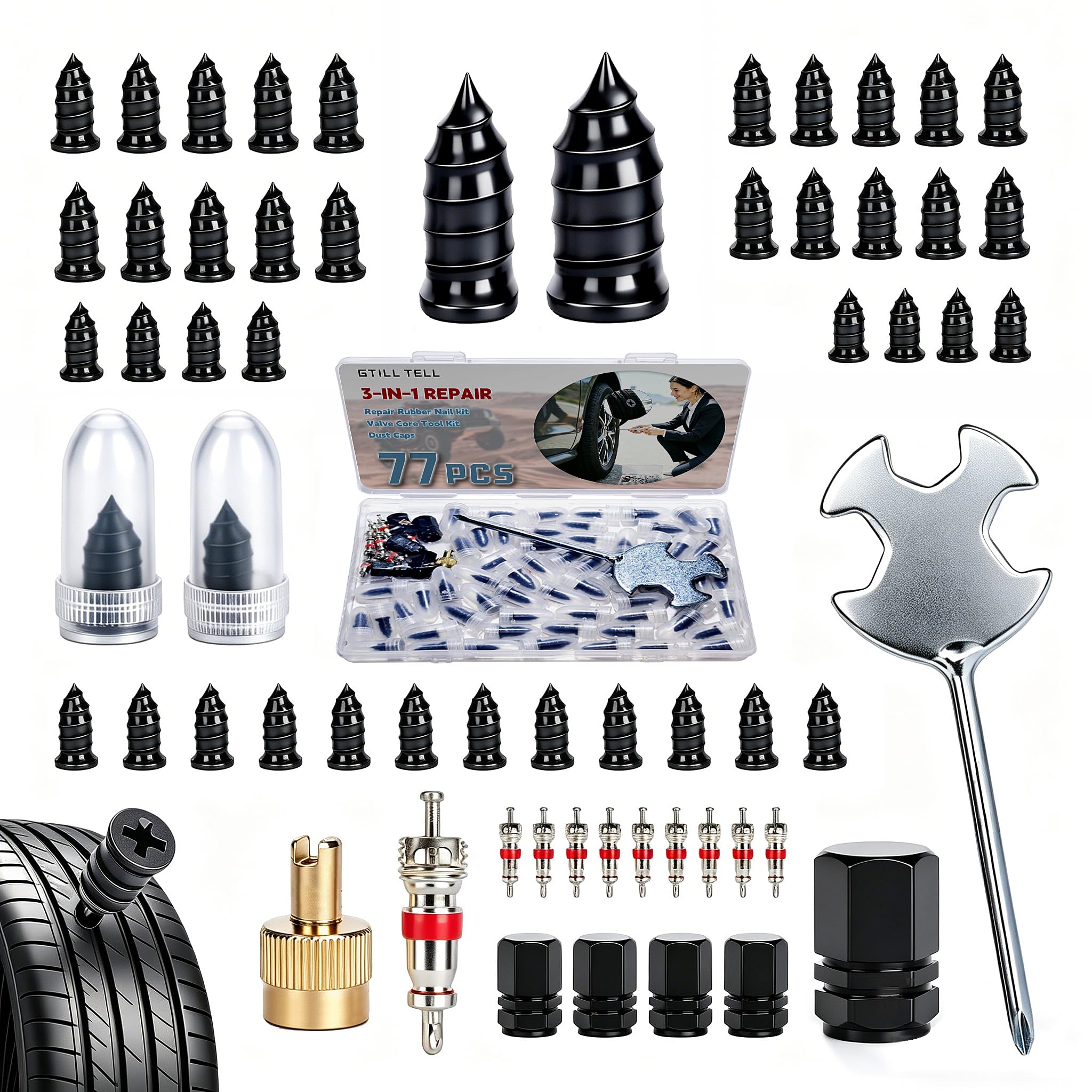 77 PCS 3 in 1 Screw in Tire Plug Kit, Tire Repair Rubber Nail Kit with Valve Stem Tool and Dust Caps, Tire Repair Kit for Car Mo