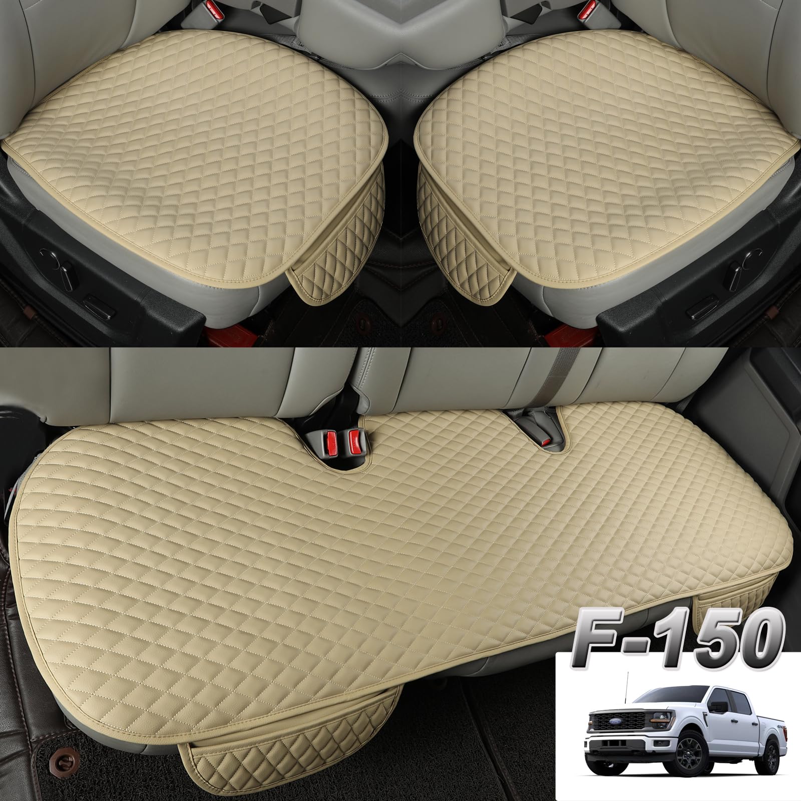 West Llama Pu Leather Car Seat Covers Protectors, Bottom Seat Covers For Cars Fit Ford F-150,F-250,F-350(Beige)