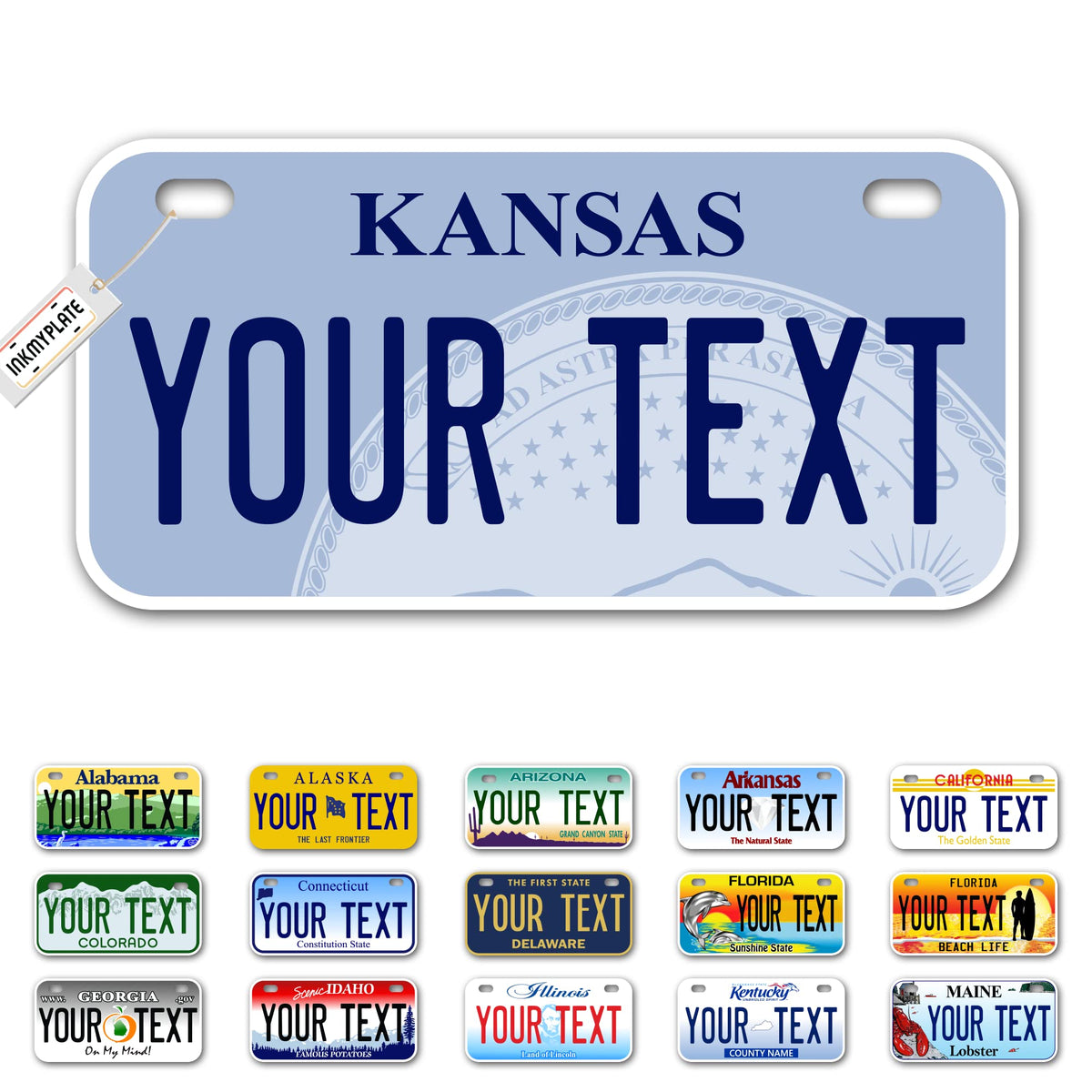 Inkmyplate Personalized Kansas Small License Plate | Bike 6X3 Inch | Select From All 50 States | 3 Sizes | Custom License Plates