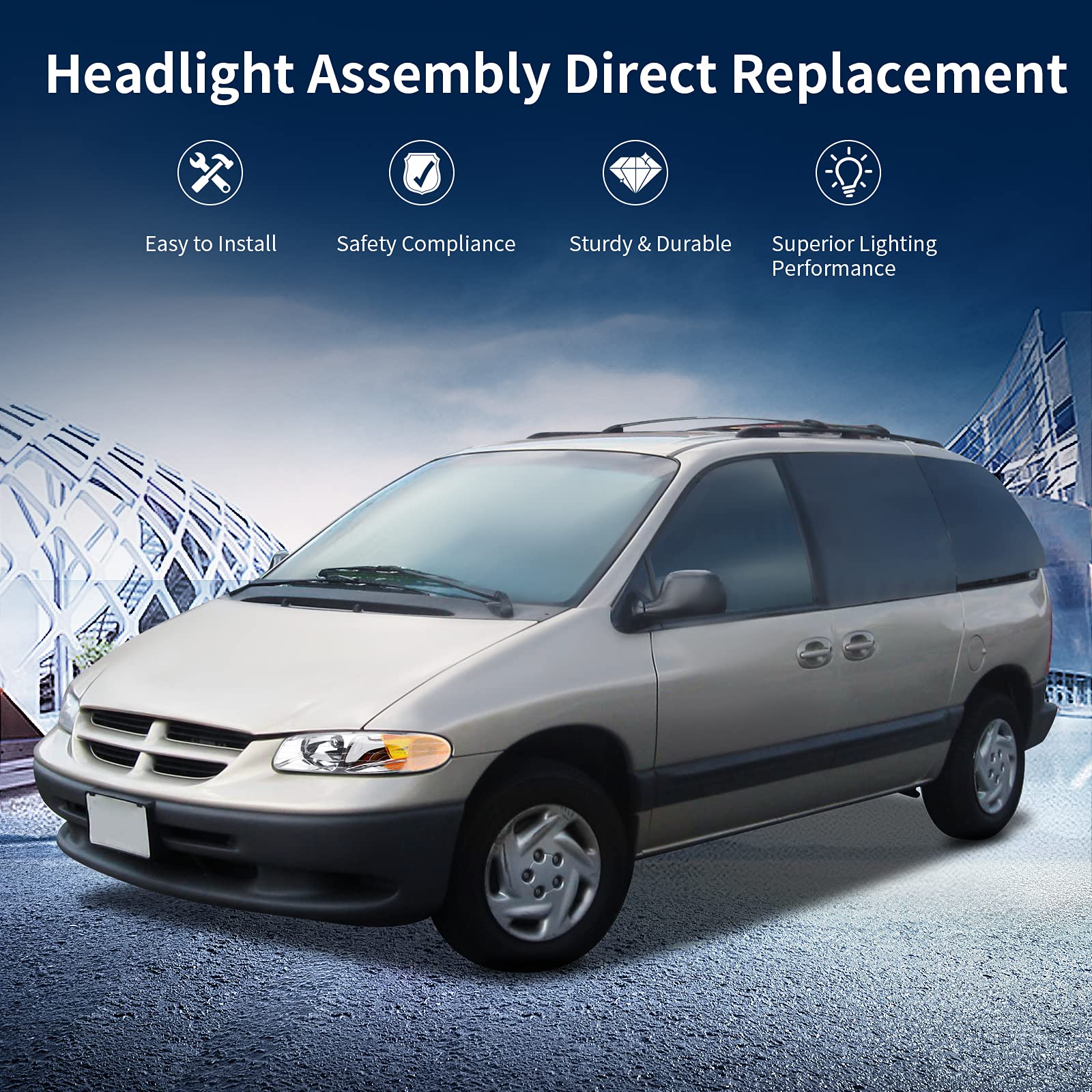 Autosaver88 For 96-00 Dodge Caravan 96-00 Chrysler Town And Country 96-00 Plymouth Voyager Van Headlight Assembly Chrome Housing