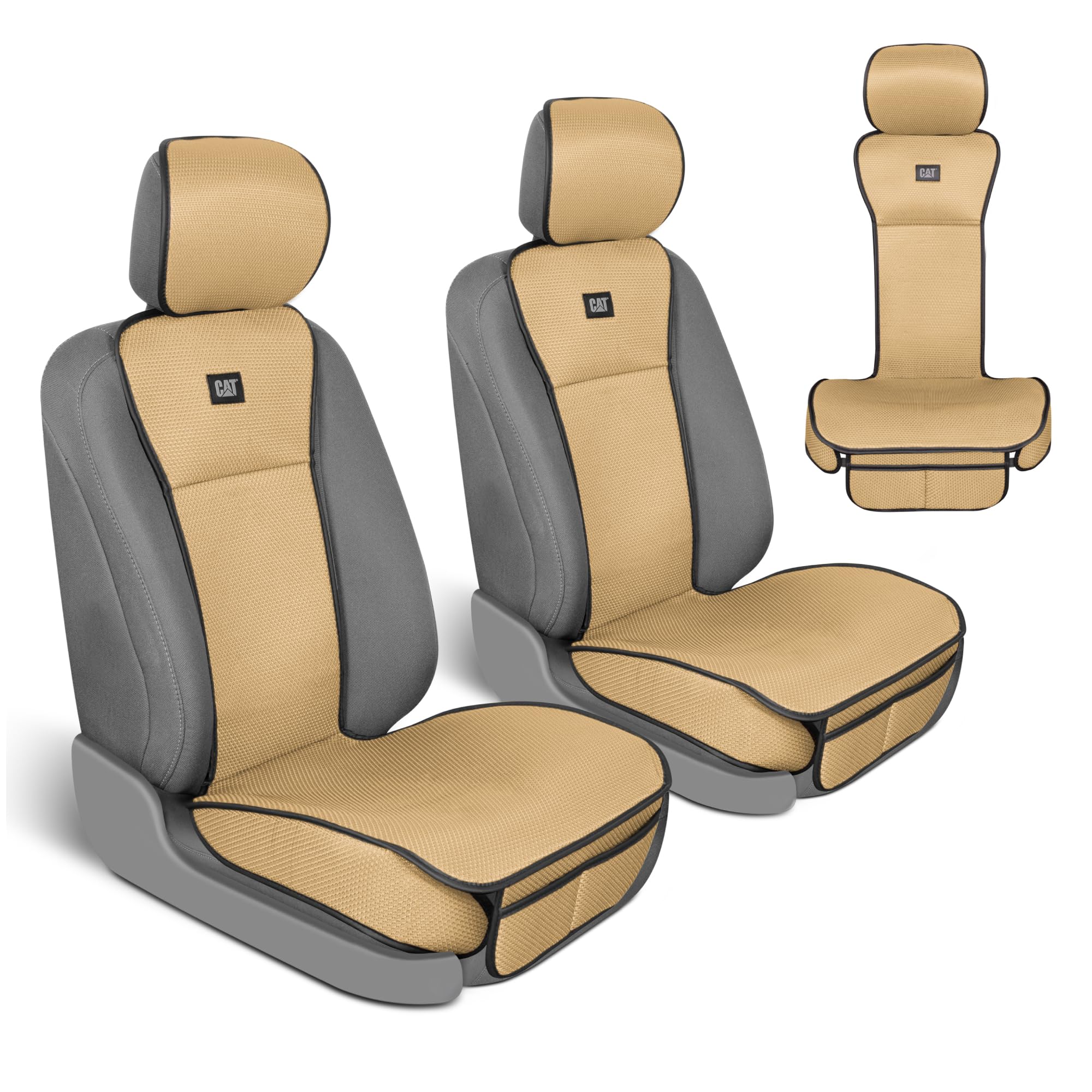 Caterpillar AeroMesh Beige Seat Covers for Trucks, Car, & SUV - (2) Front Truck Seat Cover Protector - Breathable Mesh Universal