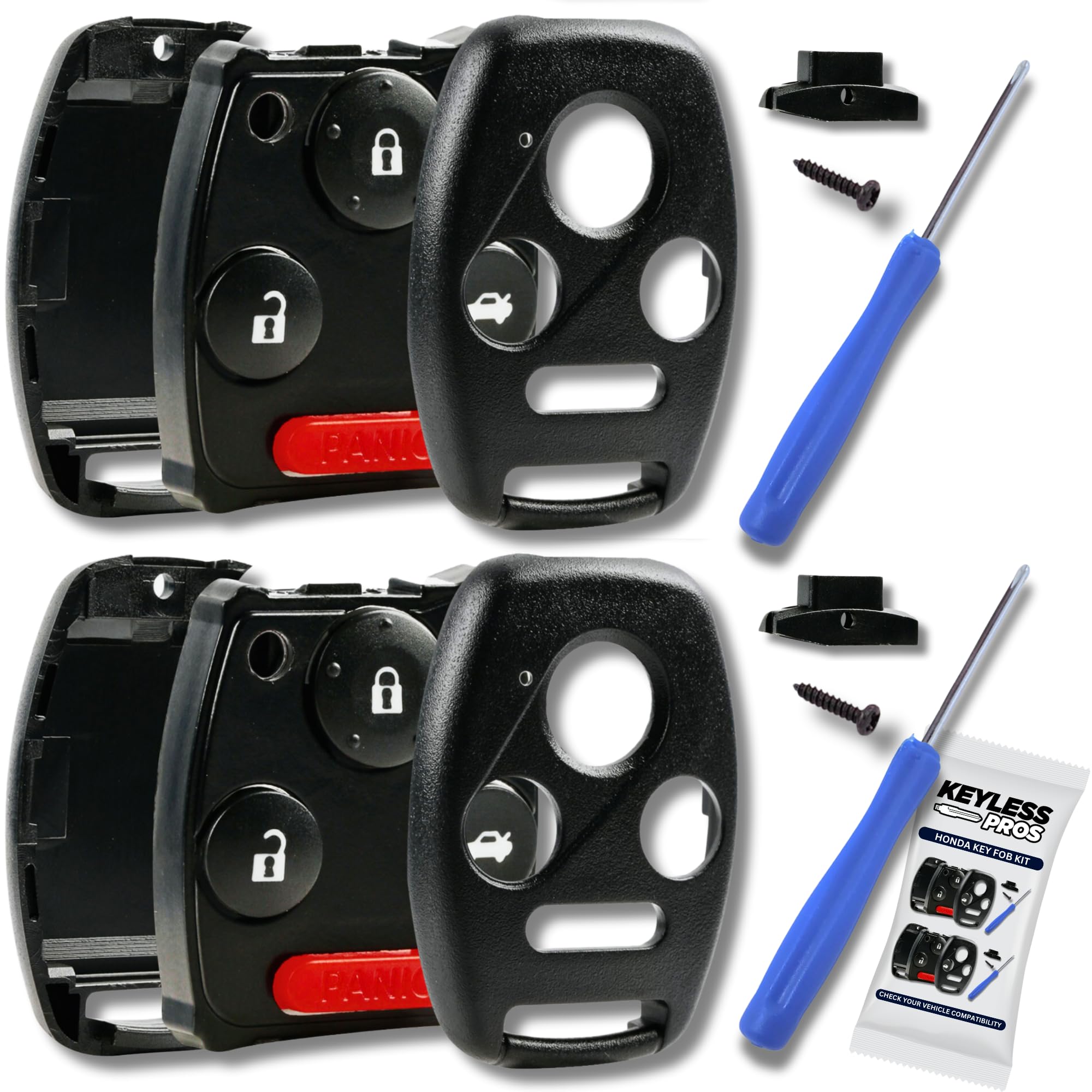 KeylessPros 4-Btn Shell Kit & Gut Case, Keyless Entry Remote Key Fob Replacement, fits 2003-2012 Honda Accord, 2006-2013 Civic E