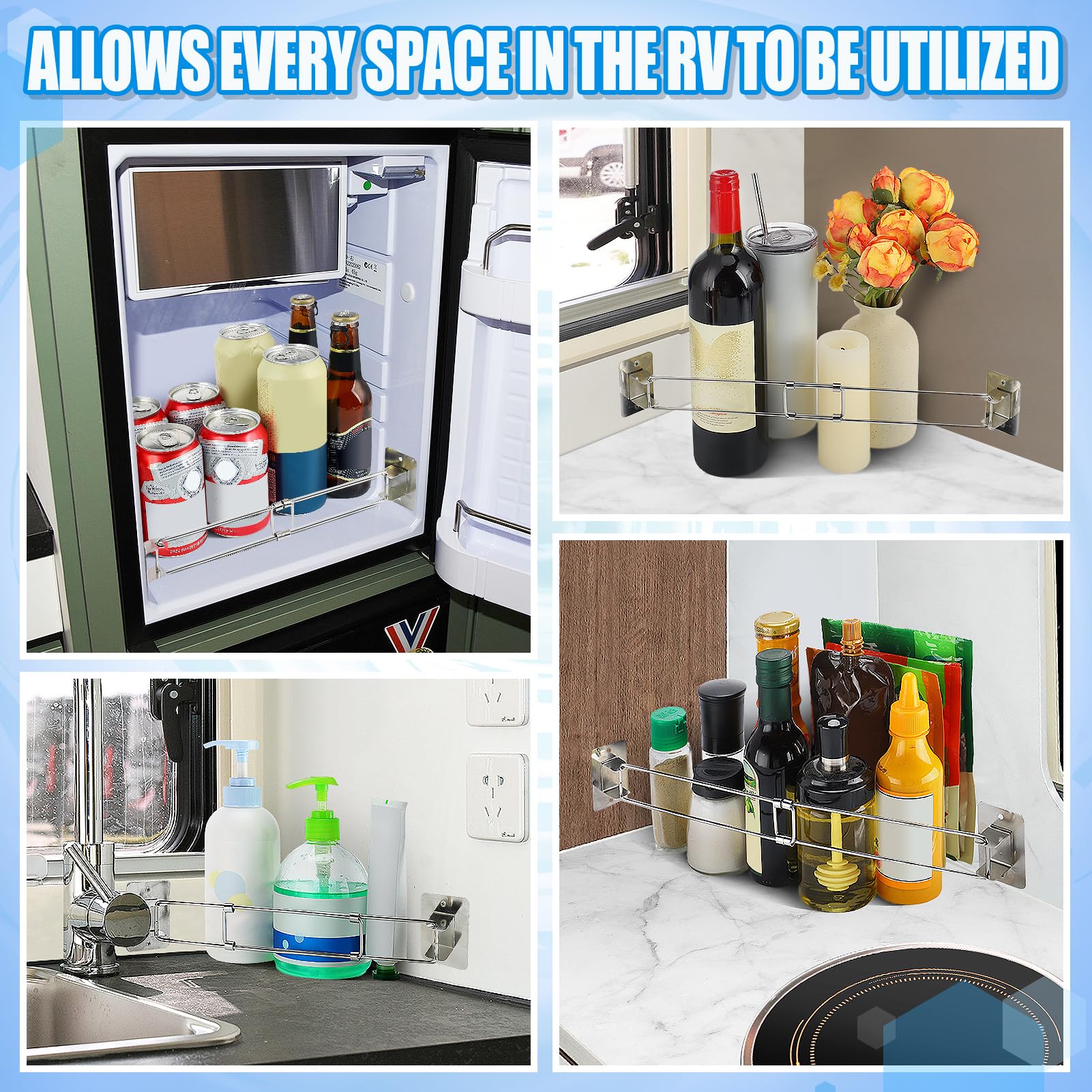 9~15in RV Shower Corner Storage Bar with 8 Hooks - Adjustable Camper Must Haves Stainless Steel Bathroom Shelves, Rust Proof Org