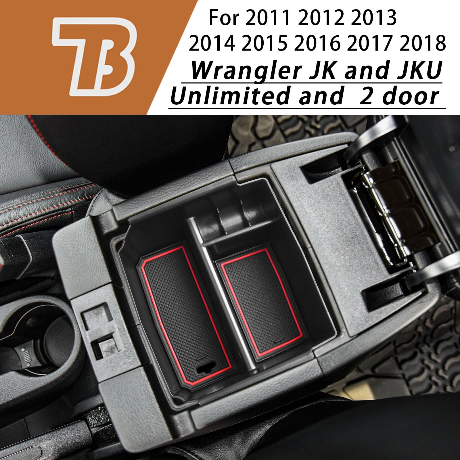 Tacobro Center Console Organizer Tray For Jeep Wrangler Jk And Jku 2011-2018 Accessories, Unlimited And 2 Door, Including Rubicon, Sport, Sahara Storage Box Insert Tray,Not For 2018 Jl/Jlu, Red Trim