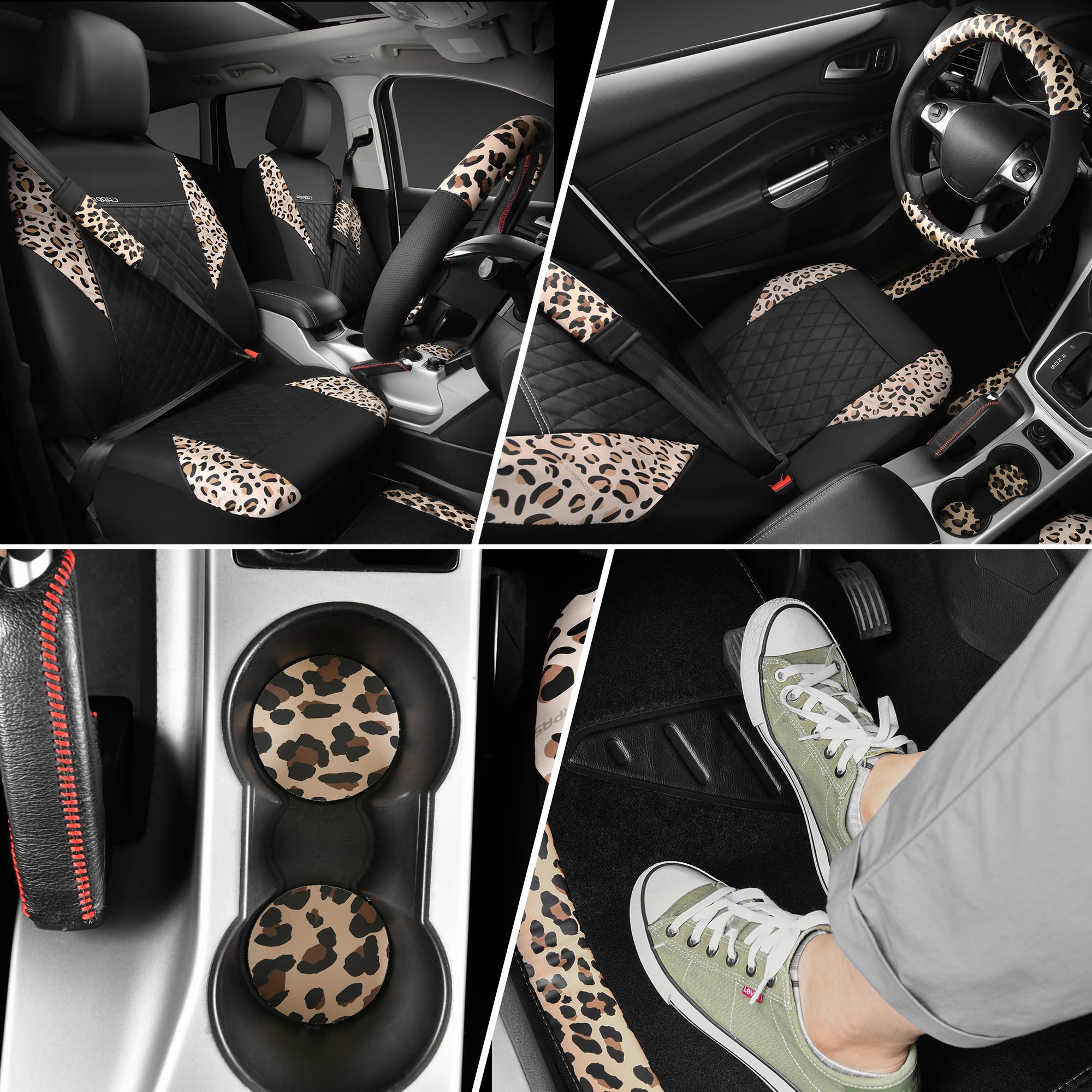 Car Pass Leopard Print Faux Leather Car Seat Covers & Leopard Car Mats&Leopard Steering Wheel Cover Seat Belt Pad Universal Car