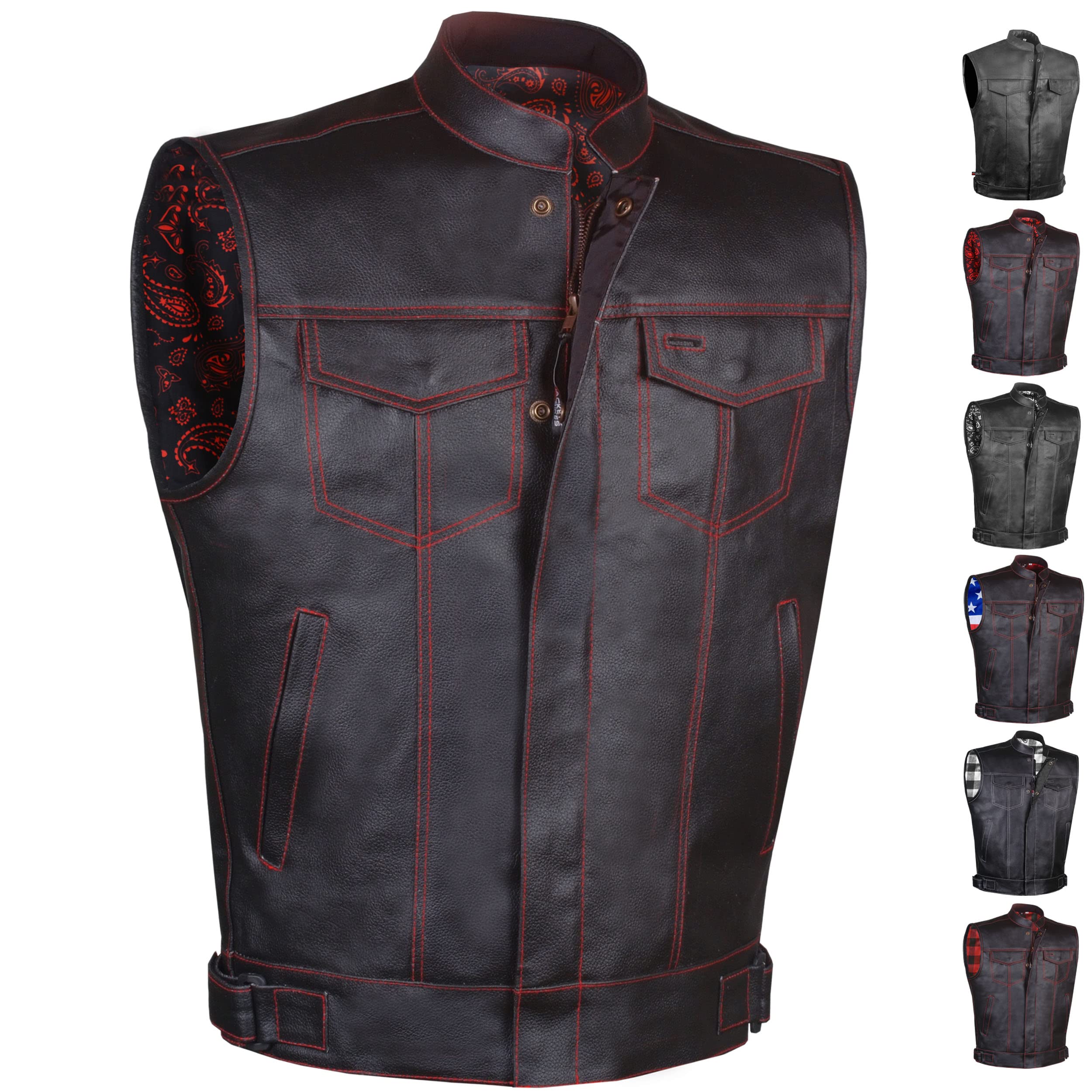 Soa Men 'S Premium Leather Motorcycle Vest With Biker Club Concealed Carry Gun Pockets W/Armor Paisley Red M