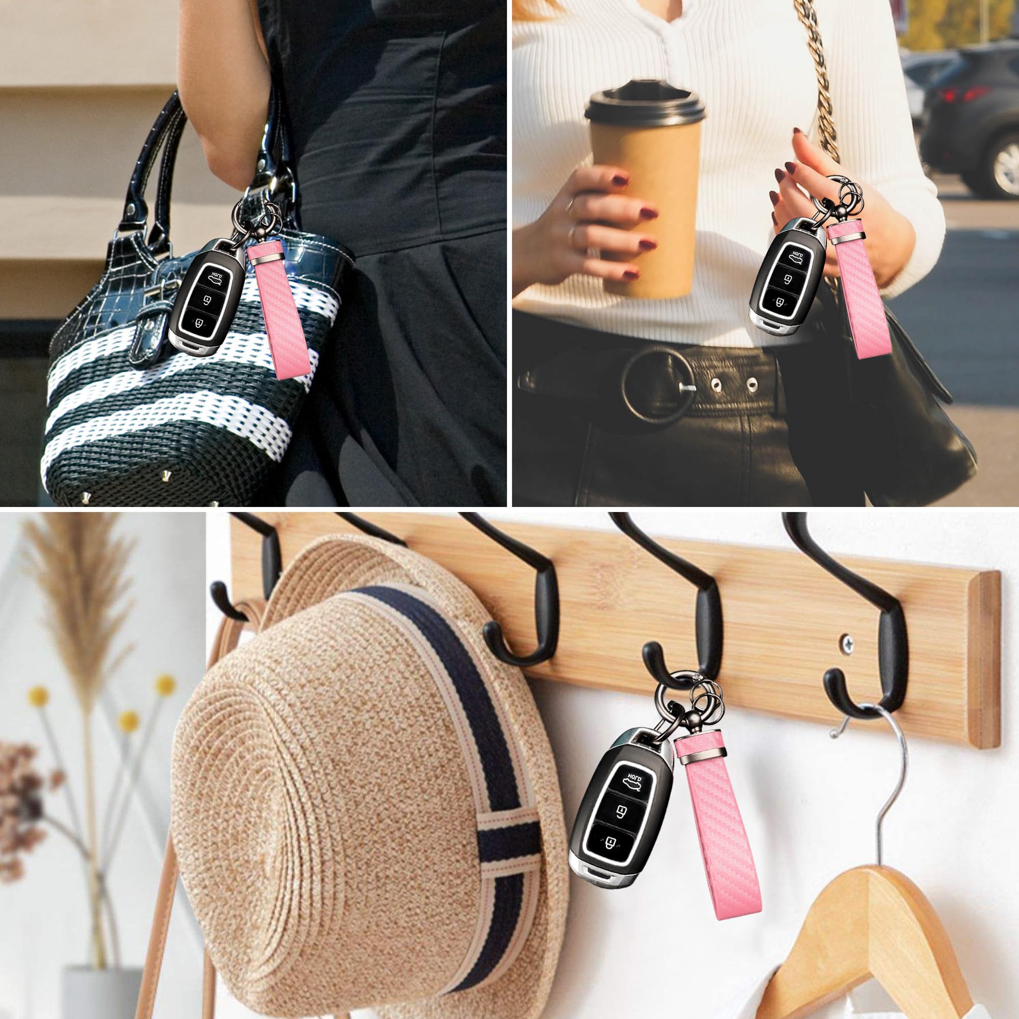 Turcee Carbon Fiber Car Keychain,Automotive Interior Accessories Keychains Leather Car Key Fob,Car Accessories Key Ring&Anti-Los