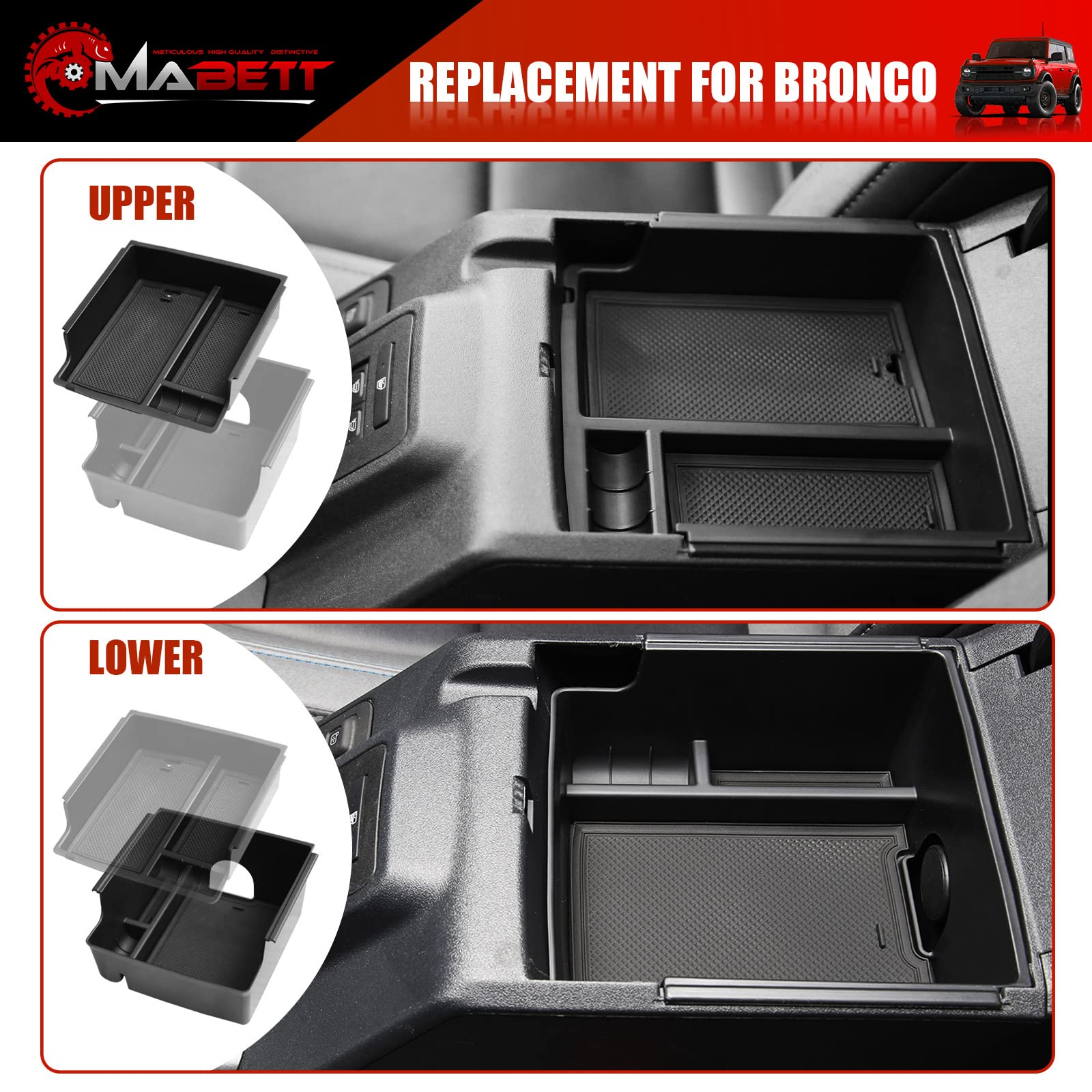 Mabett Console Organizer Tray For Bronco Accessories, Armrest Storage Box Fit Bronco 2021 2022 2023 2024 2/4-Door Wiht Non-Slip