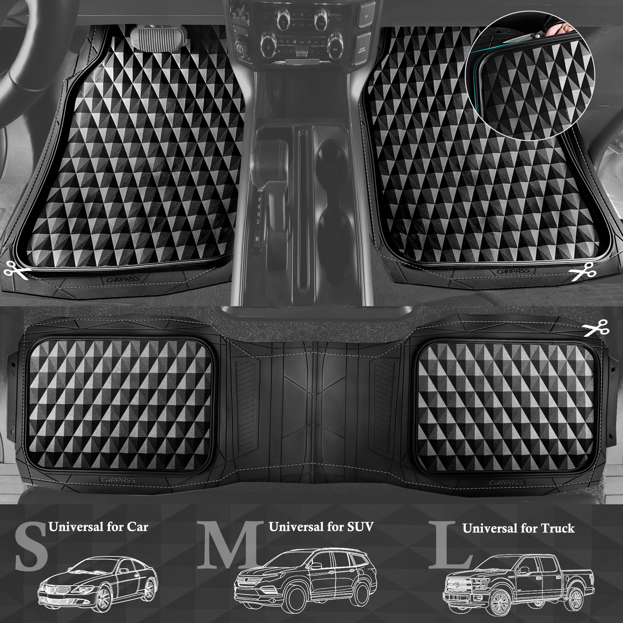 Car Pass Heavy Duty Rubber Black Car Floor Mats & Cargo Liners, Deep Dish All-Weather Trunk Mats Durable Anti-Slip 3D Rhombus Wa