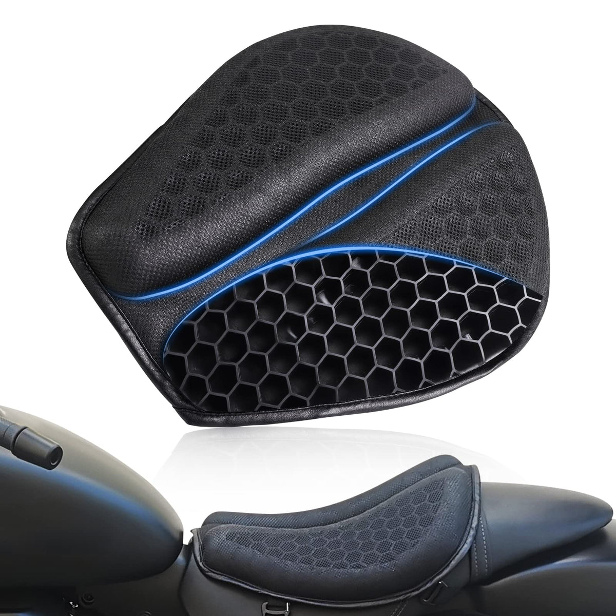Skyjdm Foldable Motorcycle Gel Seat Cushion, Large 3D-Honeycomb Structure Shock Absorption & Breathable Motorcycle Gel Seat Pad For Long Rides (L)
