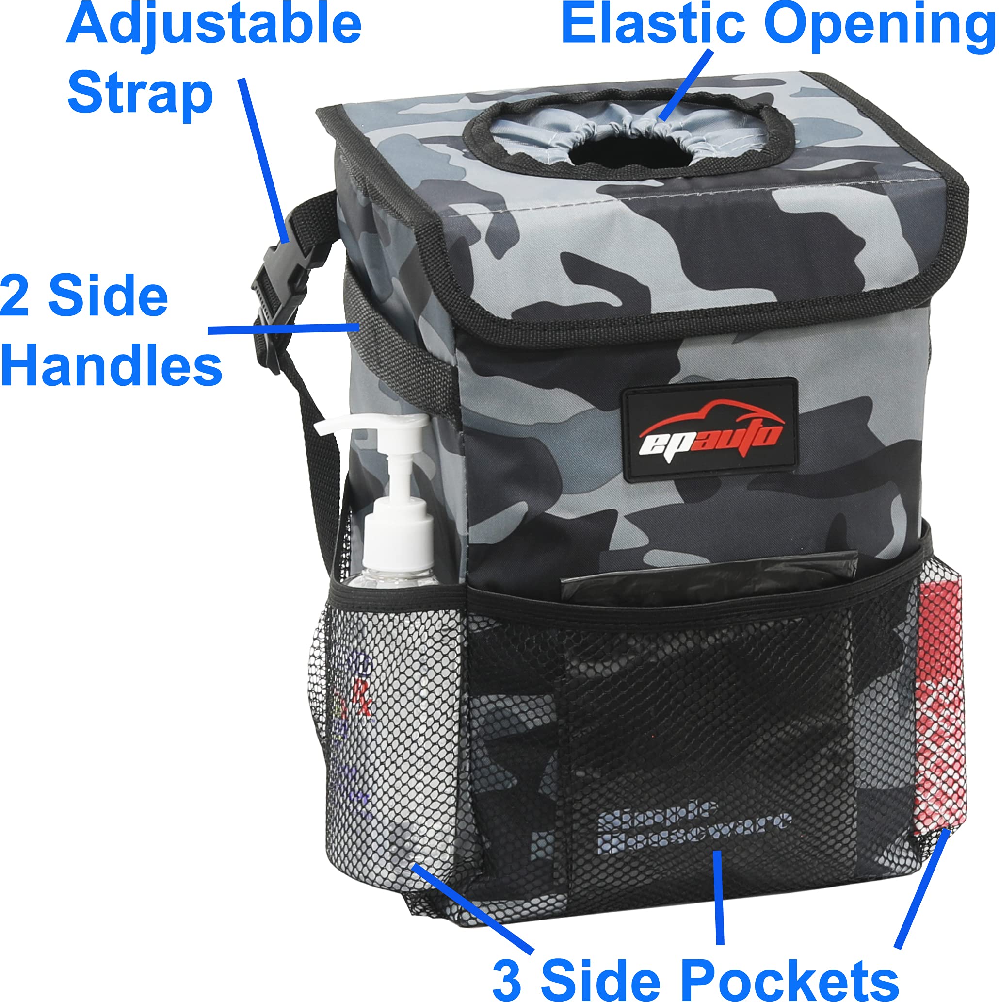 Epauto Waterproof Car Trash Can With Lid And Storage Pockets, Camouflage Grey