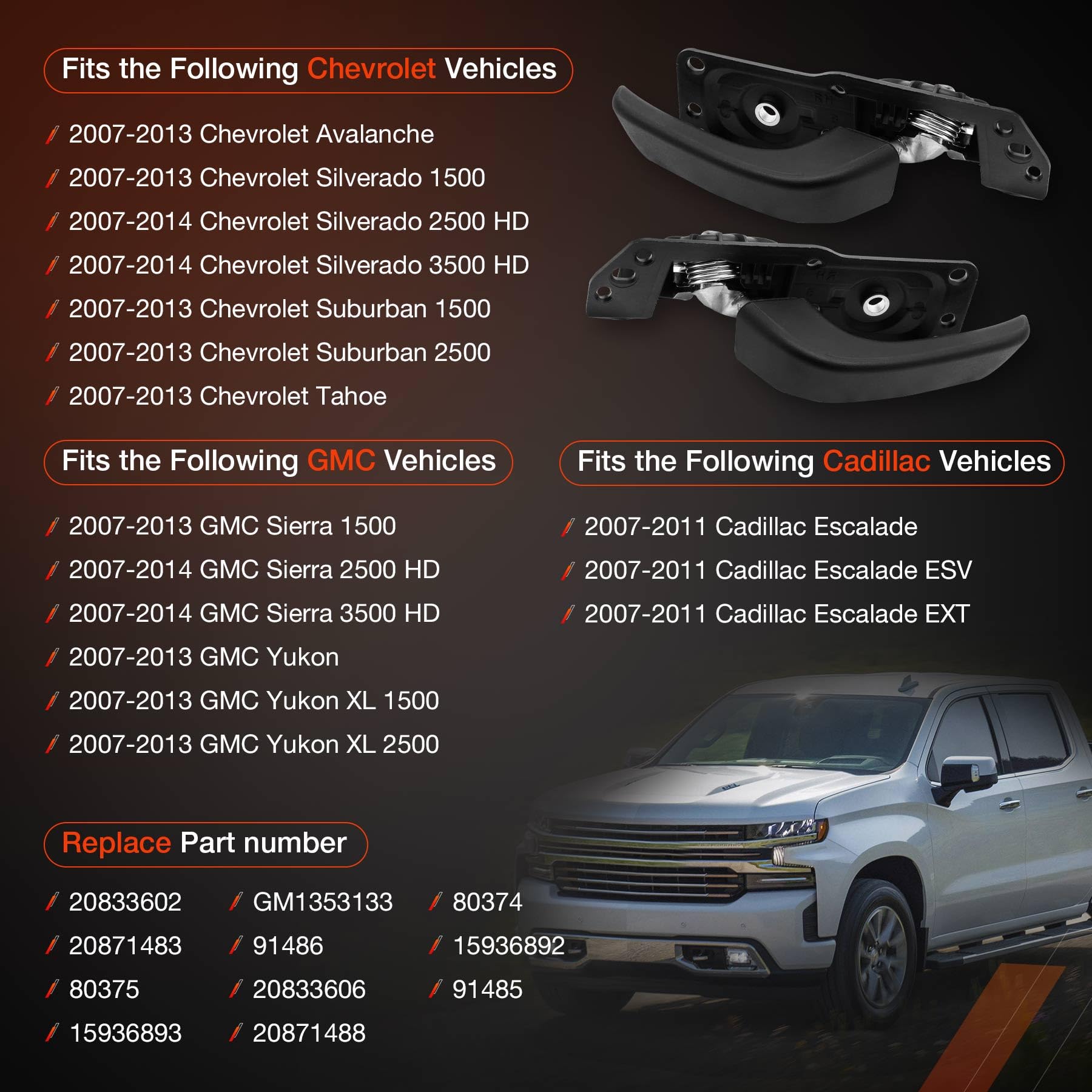 Interior Door Handle Kit Front/Rear Left/Right Passenger/Diver Side, Compatible With 07-14 Chevy Silverado Tahoe Suburban Avalan