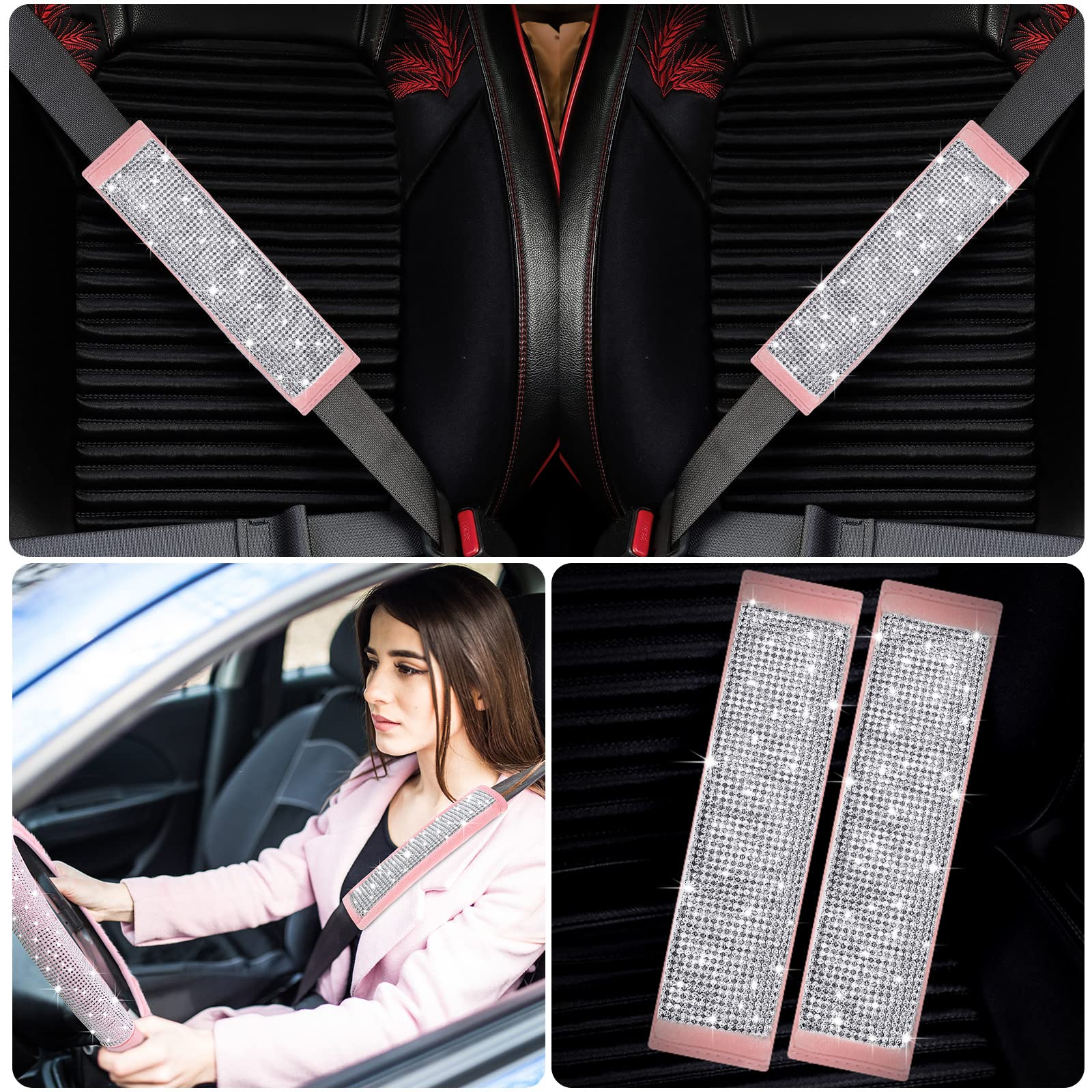 7 Pcs Pink Bling Pink Steering Wheel Cover Set Fluffy Car Accessories For Women Includes Rhinestone Seat Belt Covers And 2.75 Inch Bling Car Cup Holders Fuzz Gear Shift Cover Crystal Push Start Button